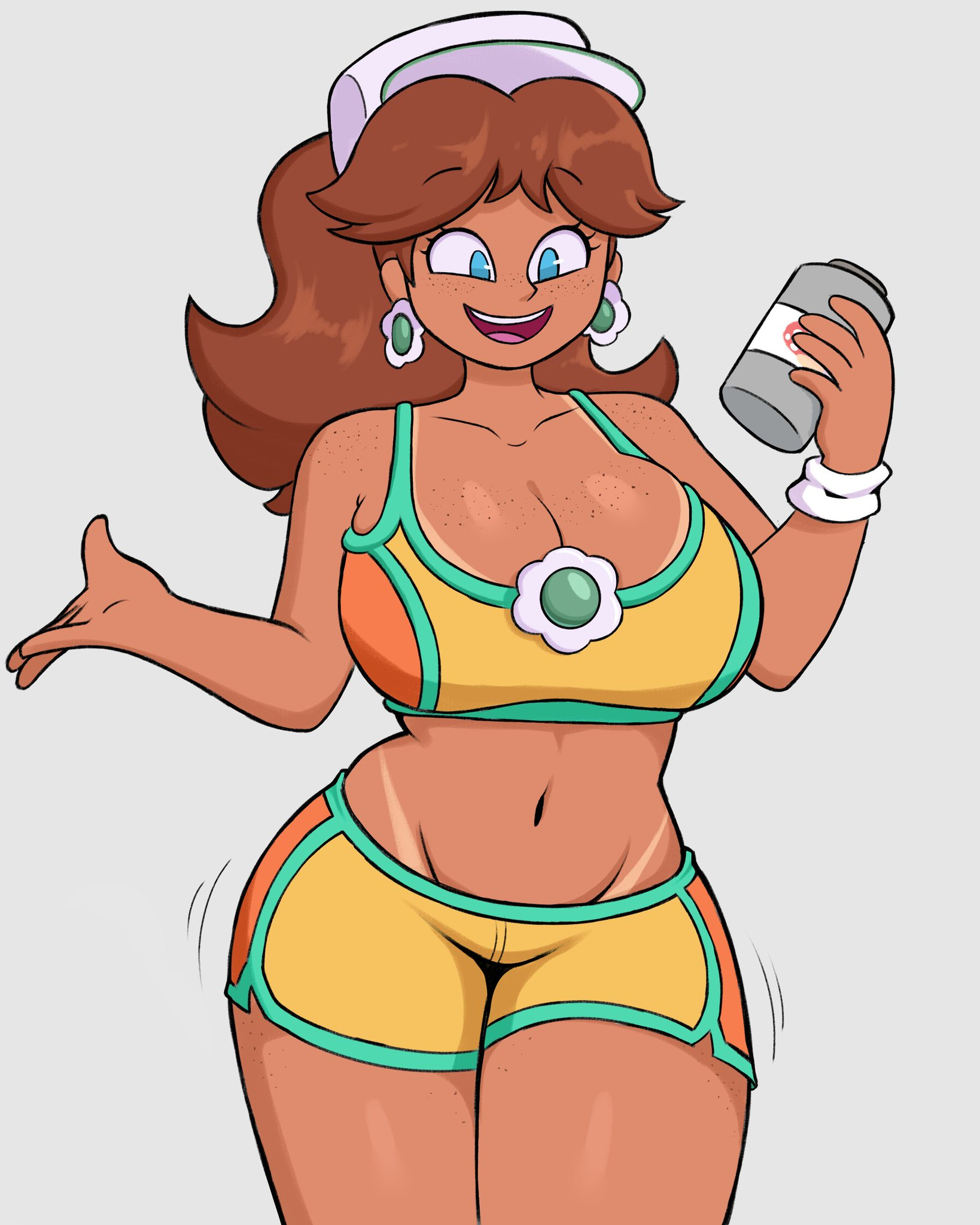 1girls, alt, alternate hairstyle, artist name, bare shoulders, big breasts, blue eyes, breasts, brown hair, busty, child bearing hips, cleavage, earrings, female, female only, flower earrings, freckles, freckles on breasts, highres, jewelry, large breasts, mario (series), mario kart, mario kart world, medium hair, navel, nintendo, ponytail, princess daisy, princess daisy (swimwear), sensual, sketchfins, smile, solo, tan, tanline, thick thighs, thighs, thong tanline, voluptuous, voluptuous female