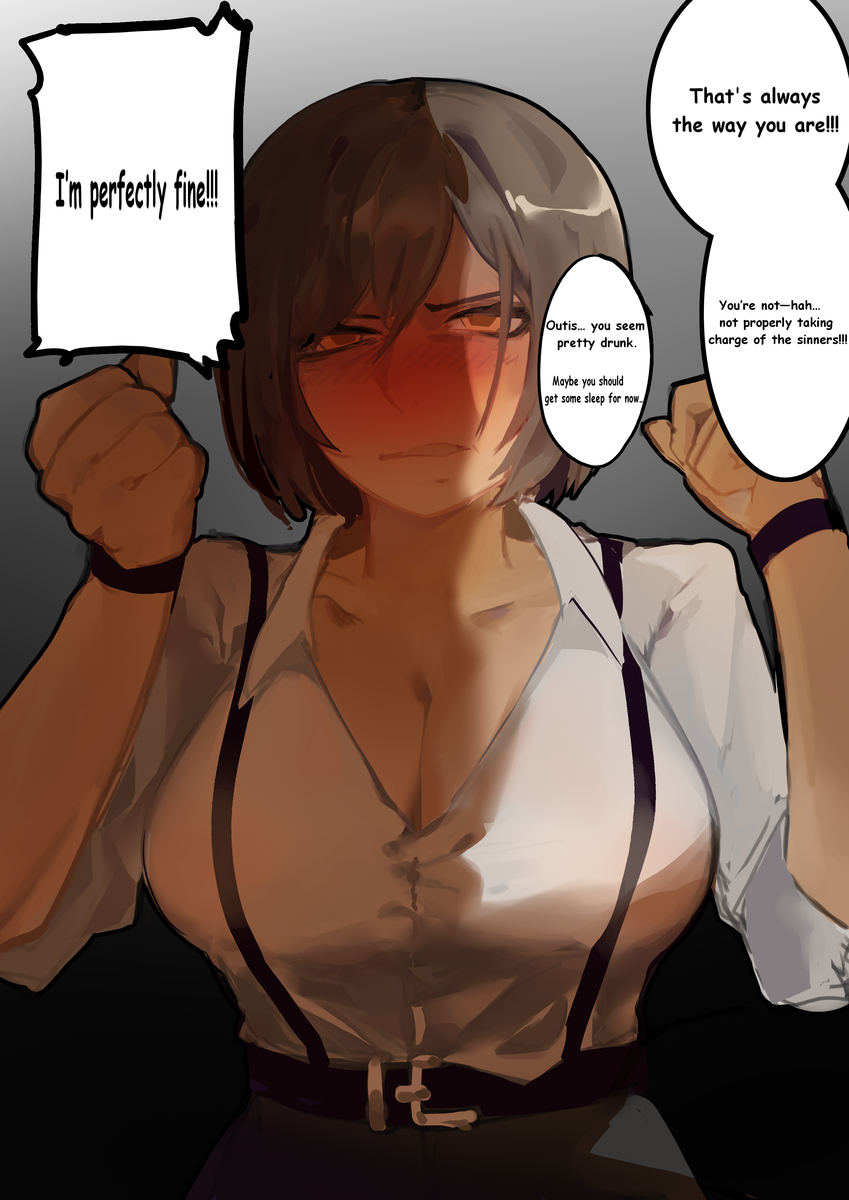 1girls, blush, boob window, brat, comic page, dante (limbus company), dark-skinned female, drunk, drunk female, english, limbus company, office clothing, office lady, olga (library of ruina), outis (limbus company), project moon, ranle, short hair, tagme