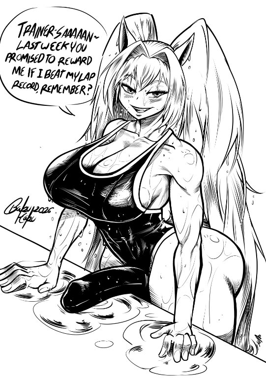 ass, bakuhaku, big breasts, big penis, daiwa scarlet (umamusume), erect nipples, erect penis, erection, female, futanari, solo, solo futa, sweat, swimsuit, text, thick thighs, umamusume