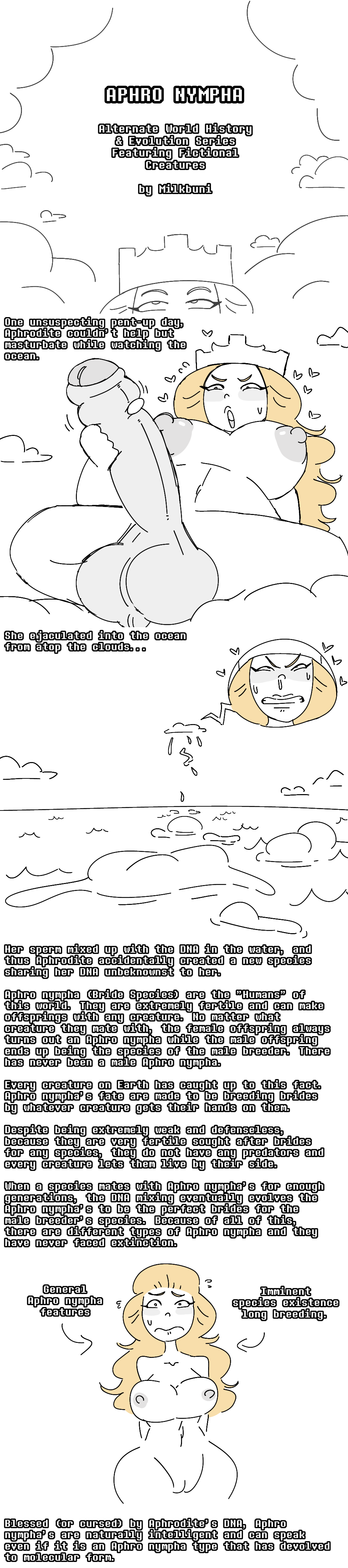 1futa, 1girls, aphrodite, big penis, blonde, clenched teeth, comic, comic strip, cum, ejaculation, english, english text, female, futanari, hourglass figure, huge cock, long hair, masturbation, milkbuni, nude, rapebait, rolling eyes, snot, story, text