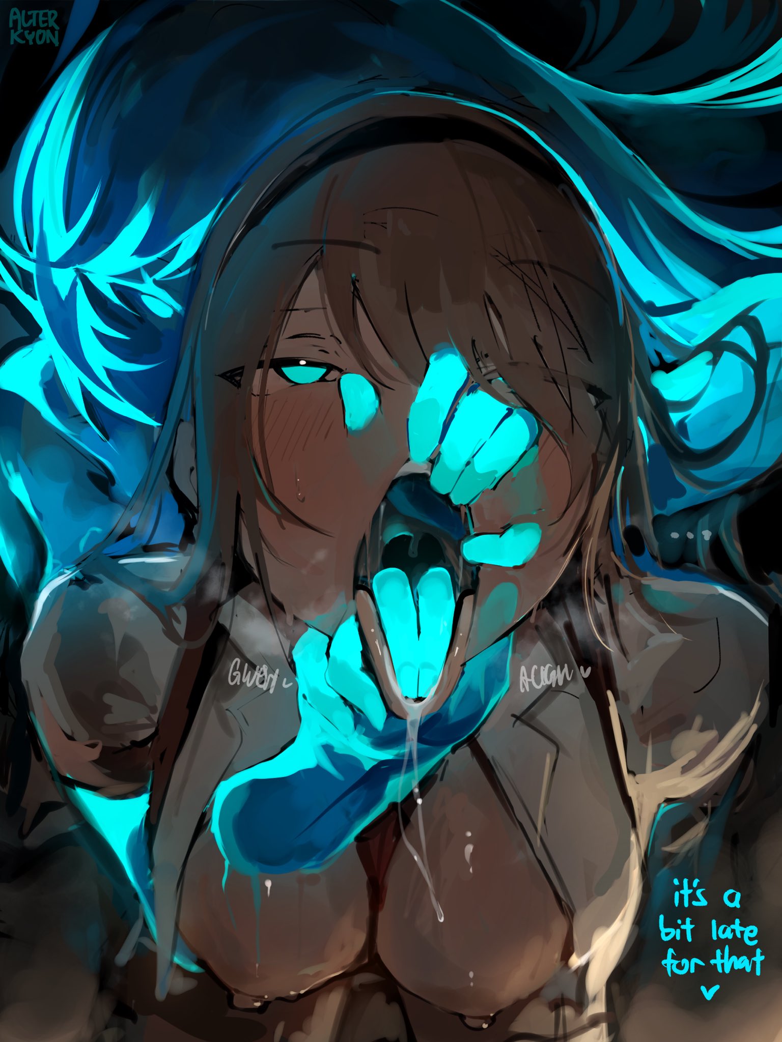 alterkyon, corruption, english dialogue, english text, female, female only, finger in another's mouth, ghost, original, original character, phasing, phasing through another