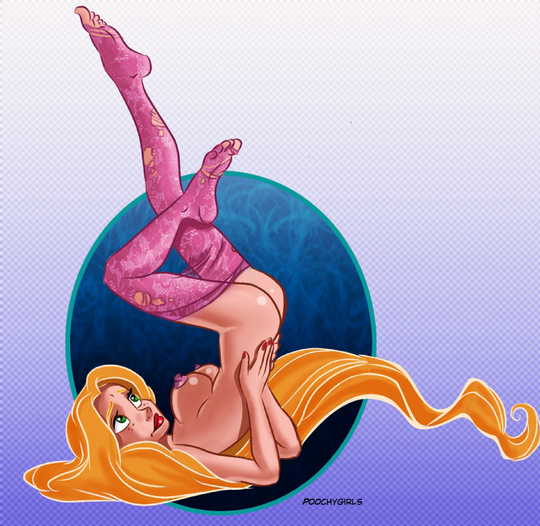 ass blonde_hair breasts disney female female_only freckles green_eyes human long_hair nipples pantyhose poochygirls rapunzel solo tangled topless upside-down