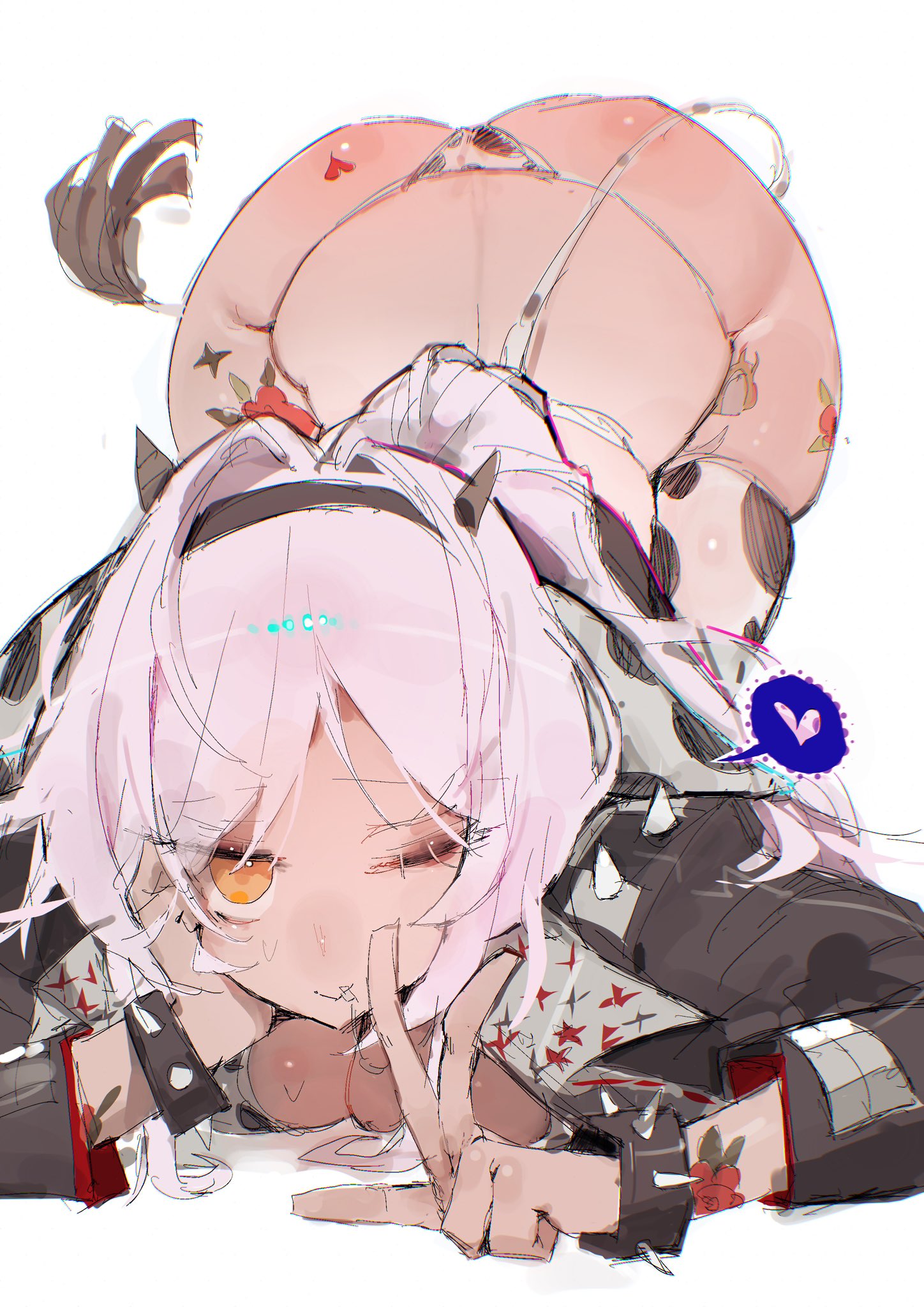 1girl, 1girls, animal print, arm tattoo, ass, ass up, bikini, black jacket, breasts, butt, cleavage, commentary, cow print, cow print bikini, cow print thighhighs, fefe (vtuber), female, flower tattoo, hair intakes, hairband, highres, indie virtual youtuber, ip chort, jacket, looking at viewer, one eye closed, orange eyes, pink hair, print bikini, print thighhighs, solo, swimsuit, tattoo, thighhighs, untranslatable commentary, v, virtual youtuber, vtuber, white background