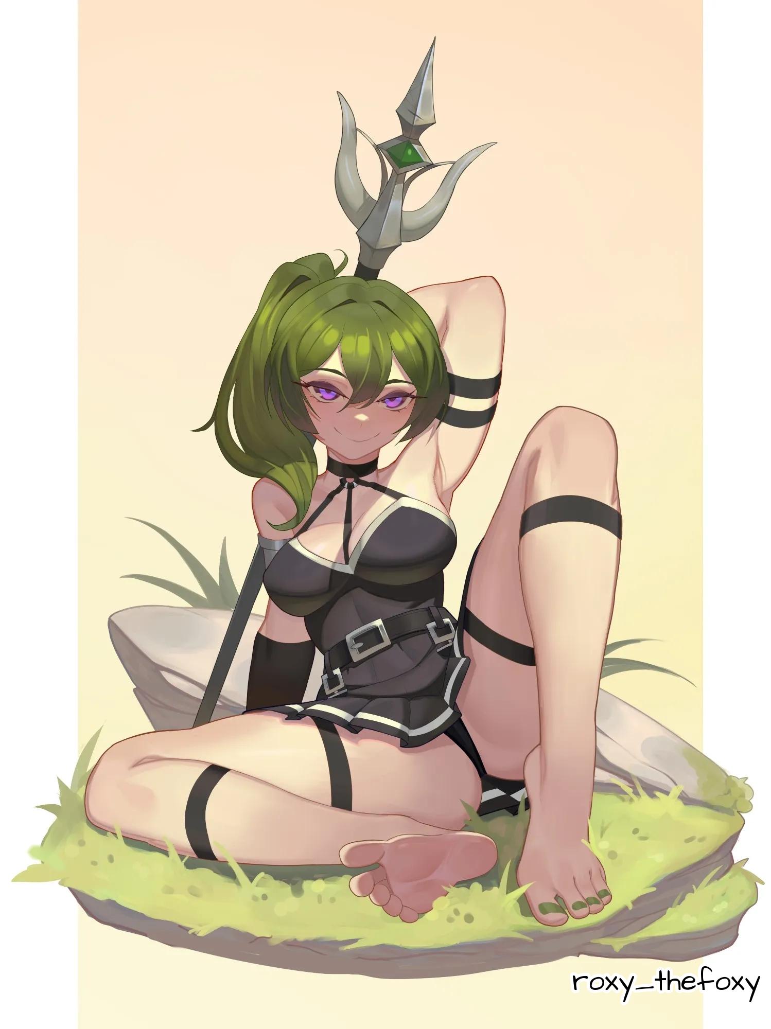 1girls, 2d, 2d (artwork), 2d artwork, adult, adult female, anime, anime character, ankles, arm behind head, armpit, armpit crease, armpit peek, armpits, background, bare armpits, bare arms, bare calves, bare knees, bare legs, bare shoulders, bare skin, bare thighs, bare toes, barefoot, big boobs, big breasts, black choker, black clothes, black clothing, black dress, black outfit, black skirt, black topwear, breasts, busty, busty female, busty girl, calves, choker, cleavage, closed mouth smile, clothes, collarbone, digital, digital art, digital drawing, digital drawing (artwork), digital media, digital media (artwork), drawing, dress, elbows, exposed armpits, exposed arms, exposed legs, exposed shoulders, exposed skin, exposed thighs, exposed toes, fanart, feet, female, female focus, female only, from front, front view, full body, full body view, green hair, green nail polish, green nails, green toenail polish, green toenails, green-haired female, grin, grinning, grinning at viewer, groin, groin tendon, hair between eyes, hairless armpits, hand behind head, head tilt, hi res, high res, high resolution, highres, knees, large boobs, large breasts, lean figure, legs, legs apart, legs spread, long hair, looking at viewer, madhouse, mage, mature, mature female, mature woman, monotone background, nail polish, nails, narrow waist, no shoes, one color background, orange background, outfit, painted nails, painted toenails, plain background, ponytail, portrait, posing, posing for the viewer, presenting armpit, purple eyes, purple-eyed female, pussy, roxy thefoxy, shaved armpits, shoulders, side ponytail, sitting, sitting on ass, sitting on floor, sitting on ground, skirt, slender body, slender waist, slim female, slim waist, smile, smiley face, smiling, smiling at viewer, soles, solid color background, solo, sousou no frieren, spread legs, spreading legs, spreading thighs, thick thighs, thighband, thighs, thighstrap, tied hair, tilted head, toenail polish, toenails, toes, topwear, trident, ubel (sousou no frieren), woman