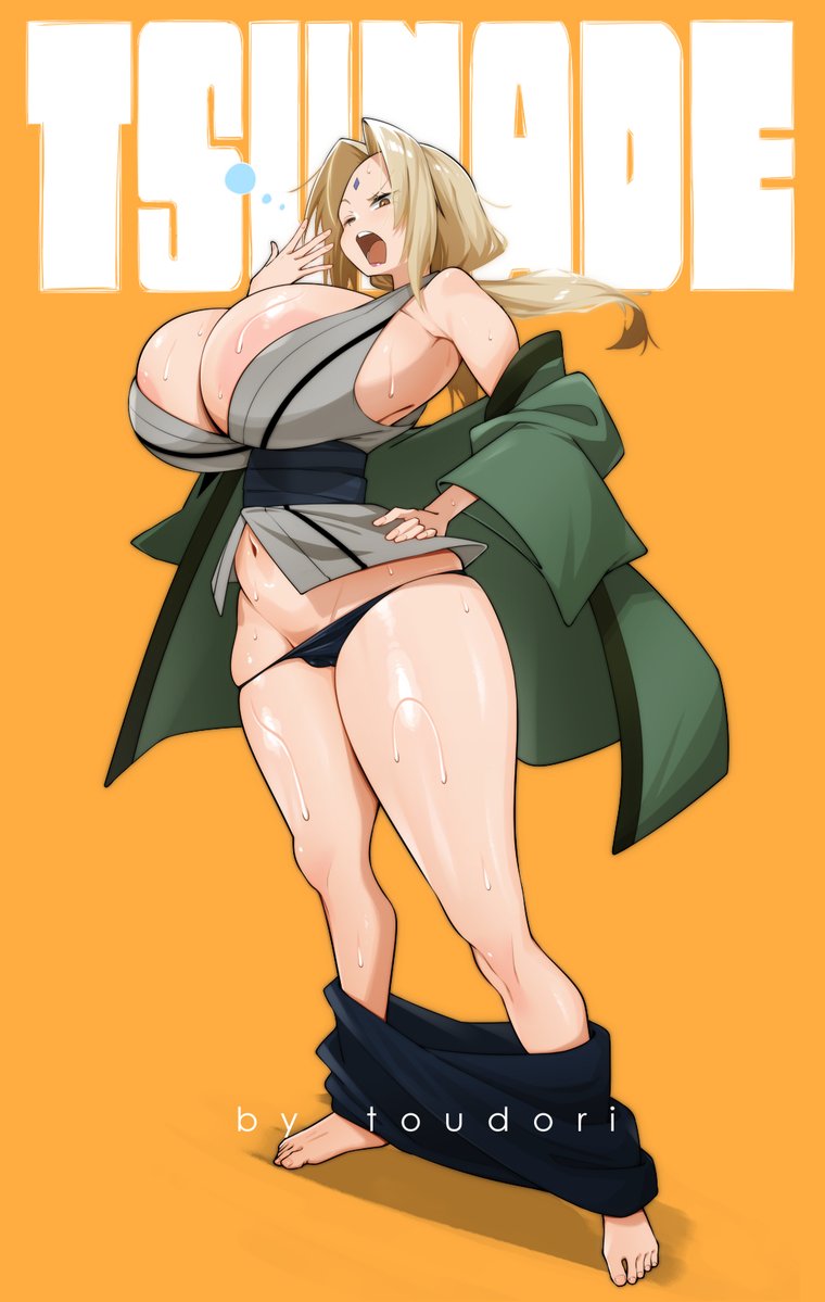 bare shoulders, black panties, blonde hair, breasts, brown eyes, character name, cleavage, curvy, female, female only, gigantic breasts, hand on hip, huge breasts, long hair, looking at viewer, massive breasts, milf, naruto, naruto (series), navel, one eye closed, orange background, overflowing breasts, panties down, panties down privates hidden, skindentation, thick thighs, toudori, tsunade, yawn