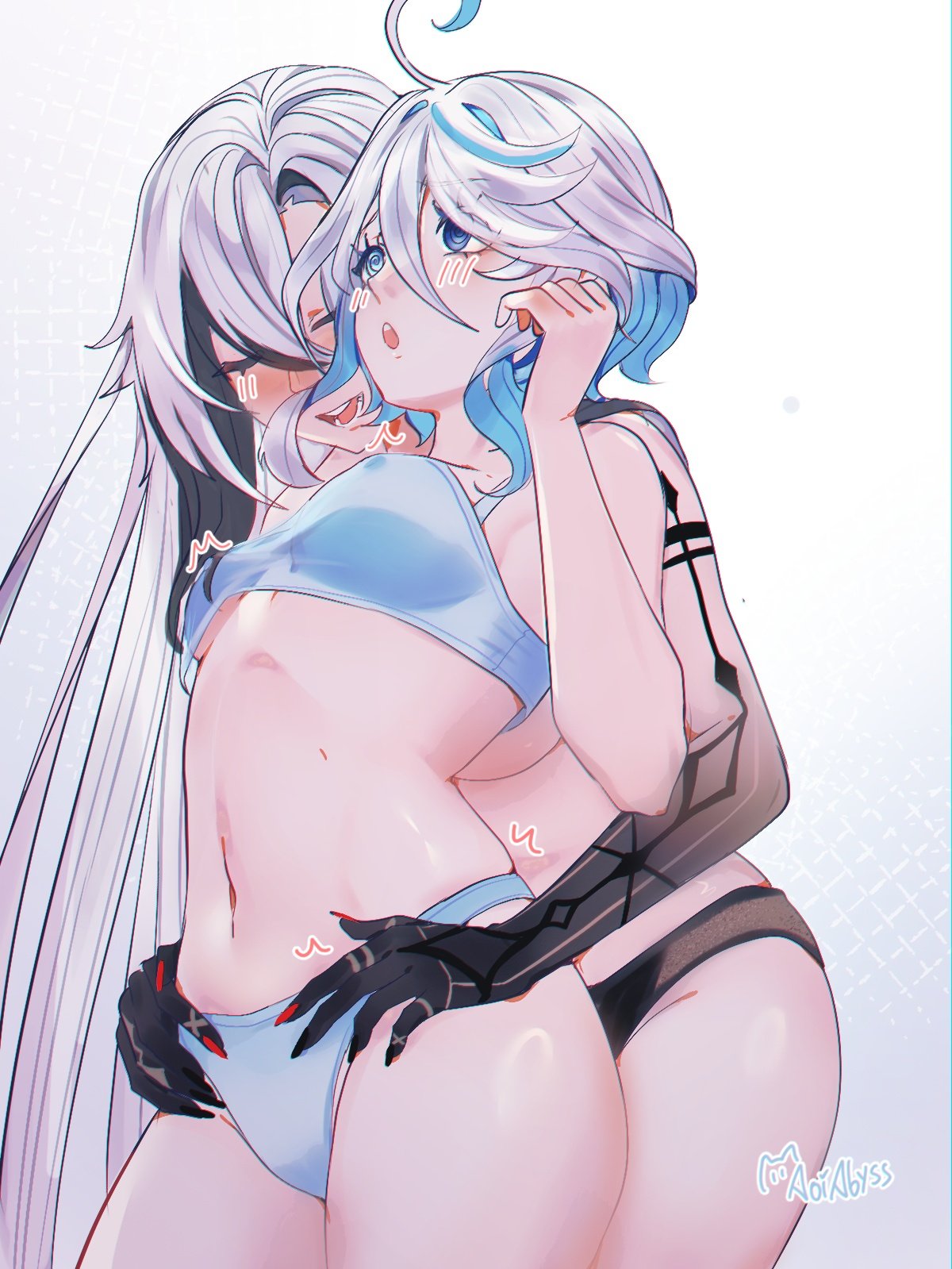 2girls arlecchino_(genshin_impact) artist_request black_and_white_hair blue_and_white_hair bra fingers_in_panties furina_(genshin_impact) genshin_impact grabbing_from_behind hair_between_eyes hips lesbians long_hair nipple_bulge panties petite petite_female short_hair small_breasts thighs underboob white_and_black_hair yuri