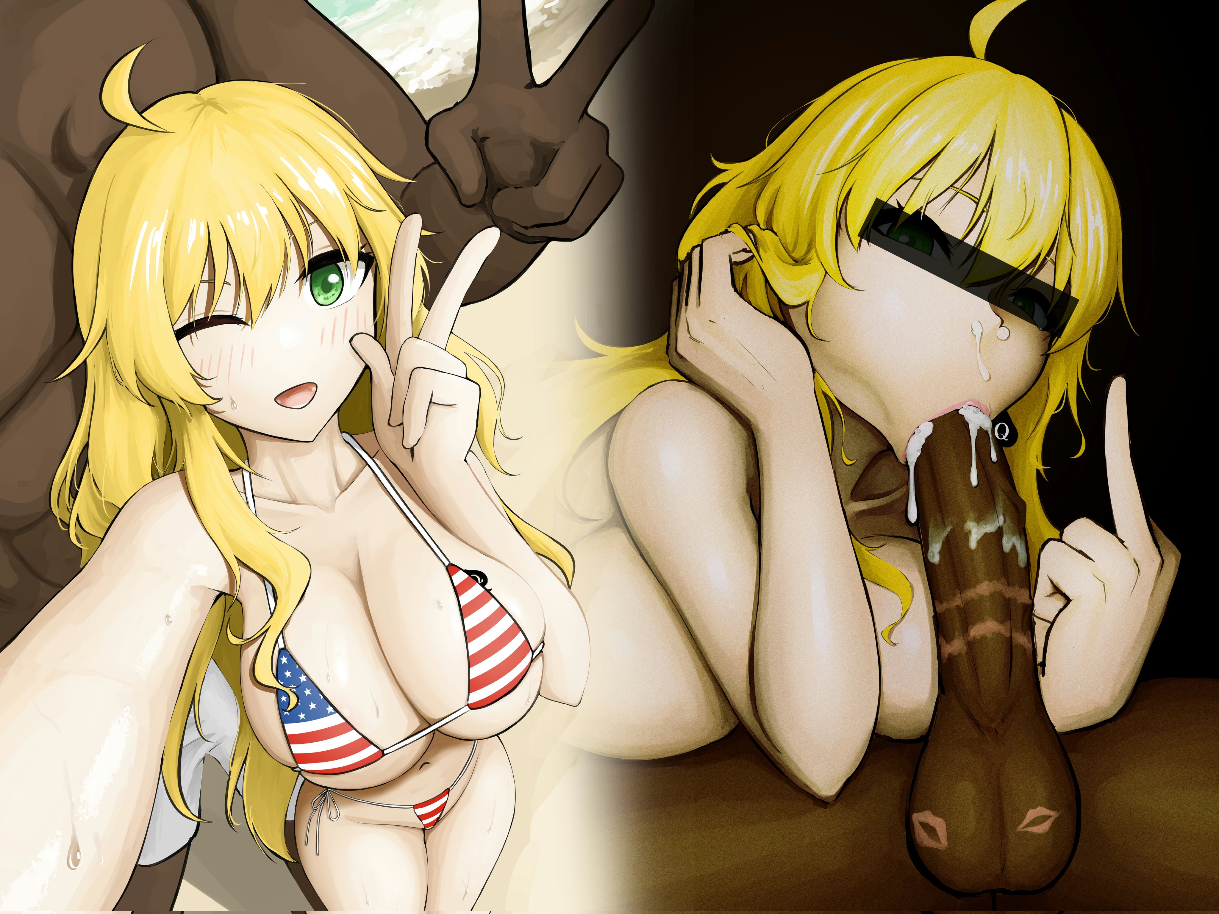 2d, american flag bikini, blowjob, cum in mouth, dark-skinned male, drinking cum, green eyes, hoshii miki, idolmaster, implied sex, interracial, navel, queen of spades, selfie, teaseedoil