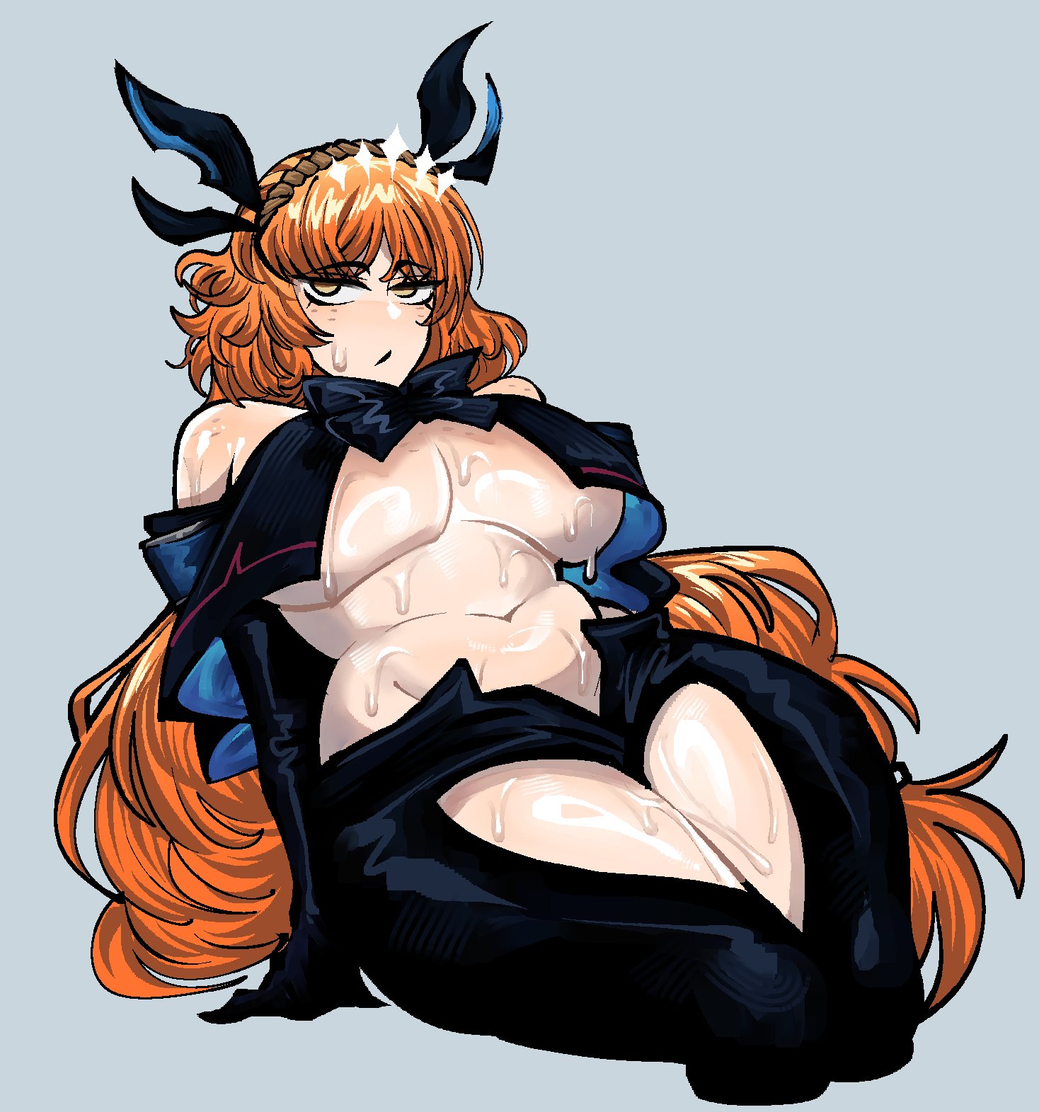 1girl, 1girls, 2d, 2d (artwork), 2d artwork, arknights, armor, big boobs, big breasts, boobs, breasts, color, colored, curvaceous, curvaceous body, curvaceous female, curvaceous figure, curvy, curvy body, curvy female, curvy figure, curvy hips, eclipseecliptus, female, female focus, female only, freckles, freckles on face, gloves, hair, hair ornament, hazel eyes, high resolution, highres, hips, ishmael (limbus company), latex, latex armwear, latex clothing, latex gloves, latex legwear, legs together, light skin, light-skinned female, limbus company, long hair, massive boobs, massive breasts, nearly nude, nipples covered, orange hair, project moon, seductive, seductive body, seductive clothes, seductive pose, sexy, sexy body, sexy clothing, sexy female, sexy pose, sitting, sleeves, solo, solo female, solo focus, stomach, sweat, sweatdrop, sweating, sweaty, sweaty body, sweaty breasts, sweaty thighs, thicc, thick, thick hips, thick legs, thick thighs, thighs, tummy, underboob, voluptuous, voluptuous body, voluptuous female, wet, wet body, wide hips
