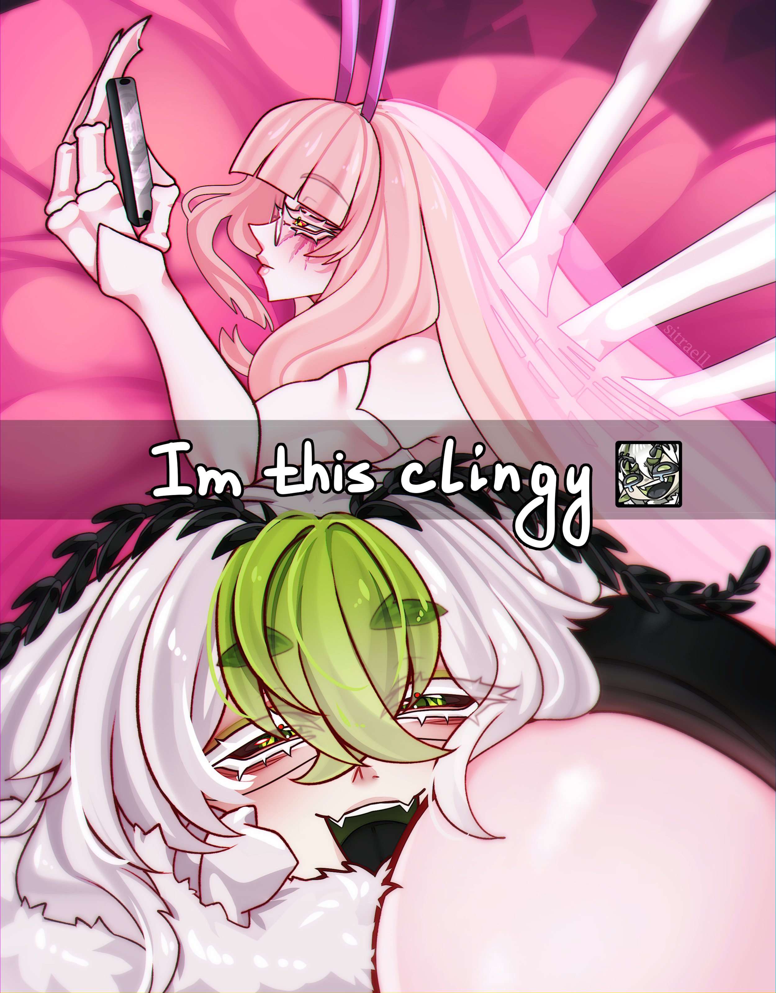 2girls, absurdres, antennae, arthropod girl, arthropod limbs, black sclera, black tongue, cockroach girl, colored sclera, colored skin, commentary, facial mark, fangs, female, green eyes, green hair, highres, im this clingy (meme), indie virtual youtuber, insect girl, juniper actias, lesbian, long hair, looking at viewer, matara kan, meme, monster girl, moth antennae, moth girl, multicolored hair, multiple girls, phone, pink hair, red eyes, sitraell, thick, thick thighs, thighs, virtual youtuber, vtuber, white hair, white skin, yuri