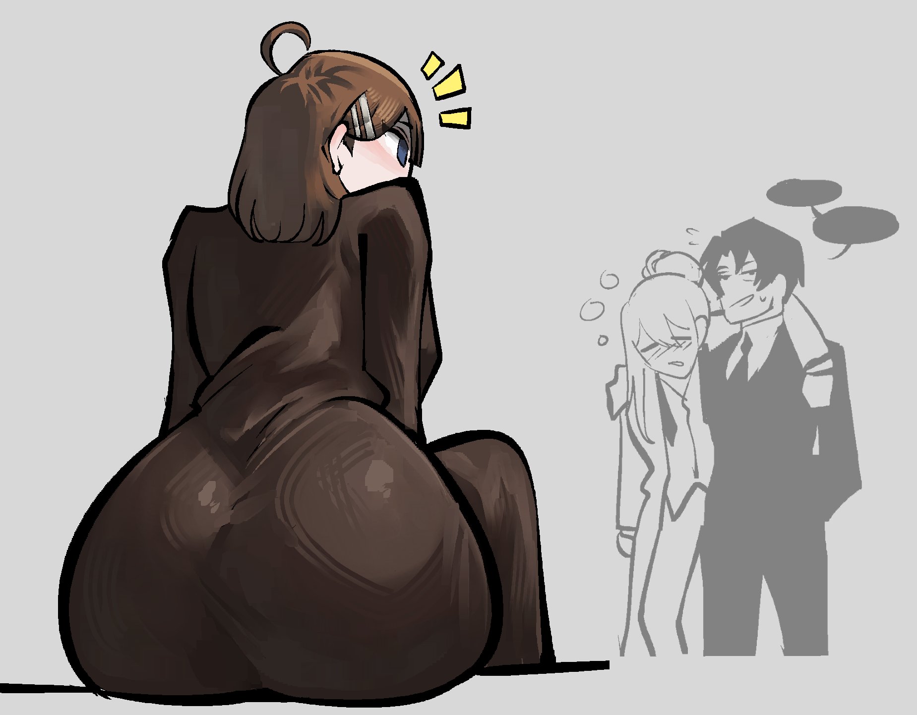 1girl, 1girls, 2d, 2d (artwork), 2d artwork, ass, ass focus, big ass, big butt, blue eyes, blush, blushing, brown hair, bubble ass, bubble butt, butt, butt focus, color, colored, curvaceous, curvaceous body, curvaceous female, curvaceous figure, curvy, curvy body, curvy female, curvy figure, curvy hips, dumptruck ass, dumptruck booty, dumptruck butt, ears, eclipseecliptus, female, female focus, hairclip, high resolution, highres, hips, hod (library of ruina), library of ruina, long hair, netzach (library of ruina), project moon, roland (library of ruina), sexy, sexy body, sexy female, simple background, sitting, solo focus, thicc ass, thicc butt, thick, thick ass, thick butt, tight clothes, tight clothing, tight fit, voluptuous, voluptuous body, voluptuous female, wide hips