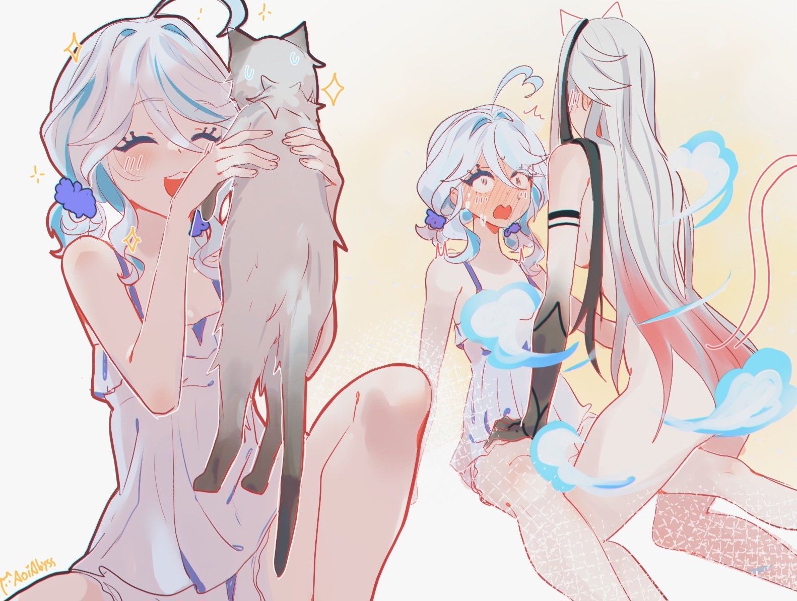 2girls, about to have sex, aoiabyss, arlecchino (genshin impact), ass, big breasts, black and white hair, blush, breasts, cat ears, cat girl, completely nude female, dress, furina (genshin impact), genshin impact, kitty, long hair, pigtails, sideboob, transformation, translation request, white and blue hair, wind, yuri