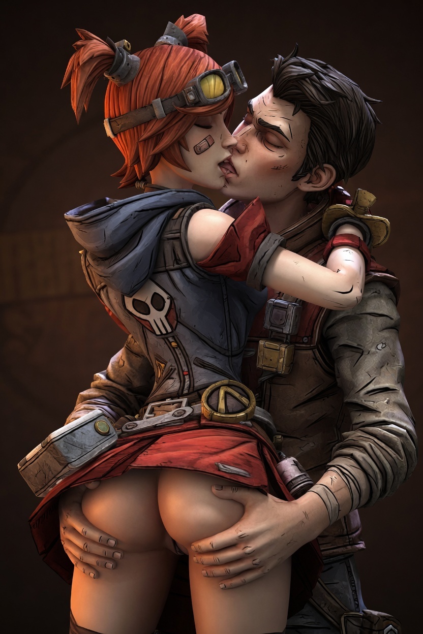 1girls 3d ai_generated ass borderlands borderlands_2 boy female gaige_(borderlands) kissing pussy red_hair redhead touching touching_ass