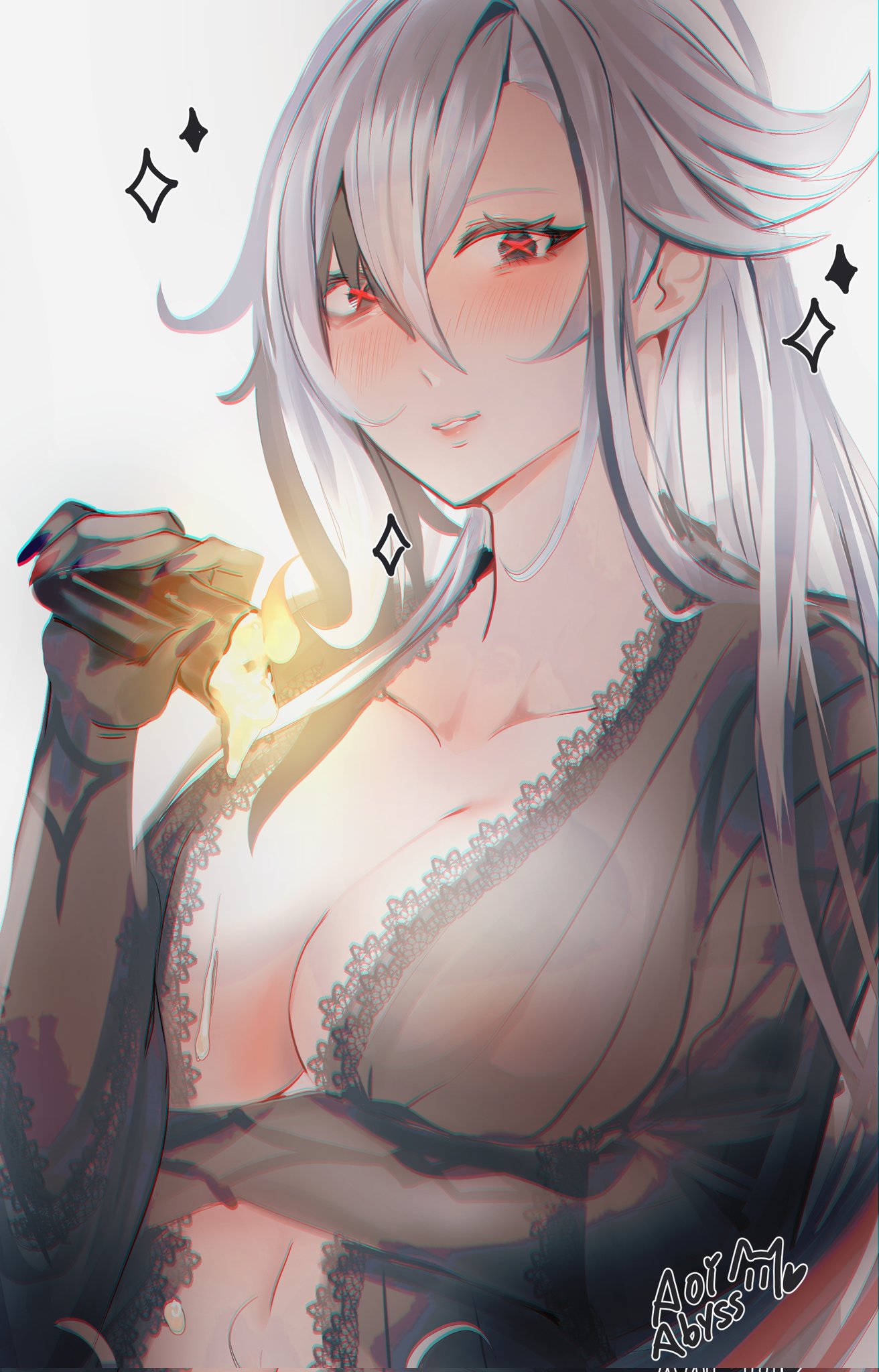 arlecchino (genshin impact), arm under breasts, belly, belly button, big breasts, black and white hair, busty, busty female, genshin impact, hair between eyes, long hair, open robe