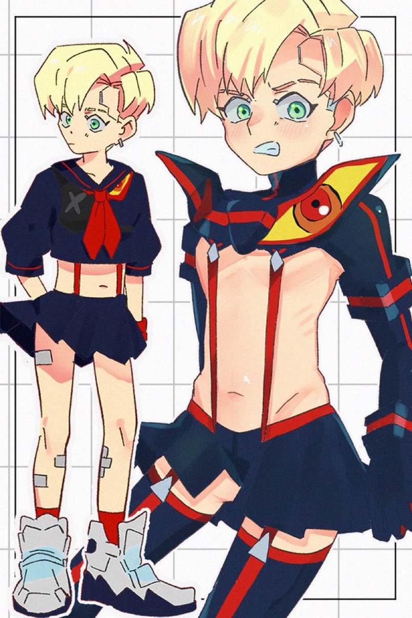 bandages bandages_on_legs blonde_hair blushing cosplay crossdressing cyberpunk:_edgerunners cyberpunk_(series) cyberpunk_2077 femboy kill_la_kill matoi_ryuuko_(cosplay) roman_carax short_hair short_male white_background