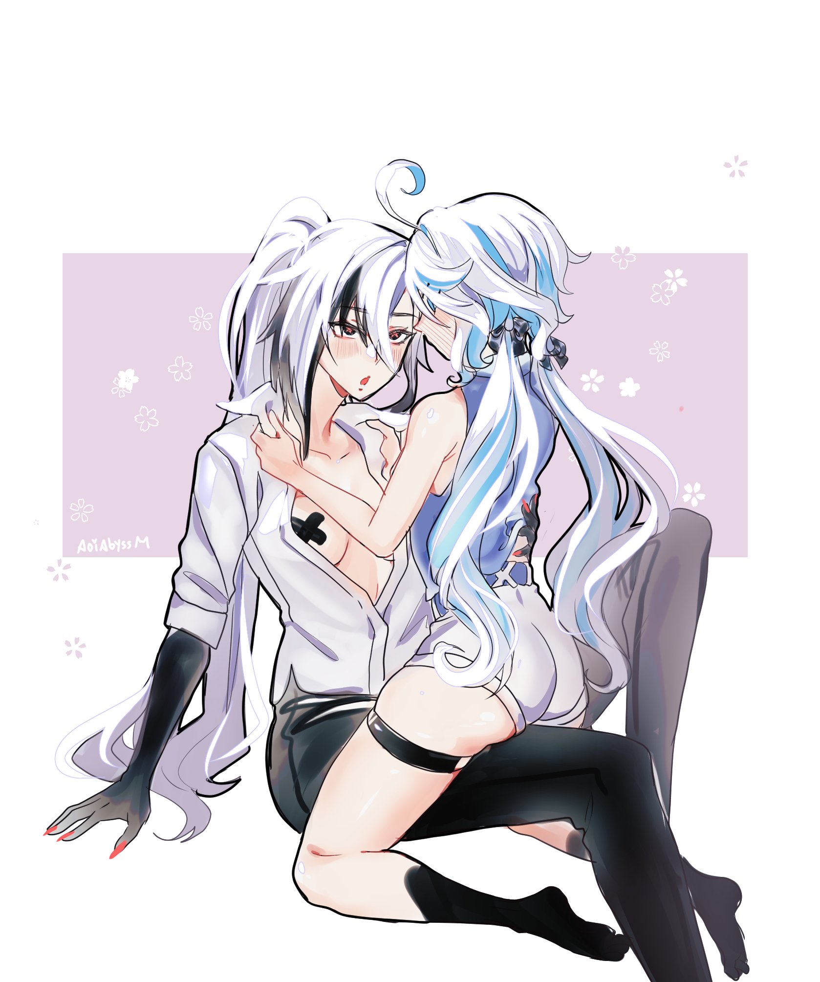 2girls, aoiabyss, arlecchino (genshin impact), ass, big breasts, black and white hair, blue and pink hair, booty, booty shorts, censored nipples, feet, female/female, furina (genshin impact), genshin impact, hair between eyes, legs, long hair, open jacket, ponytail, sitting on lap, x on nipple, yuri