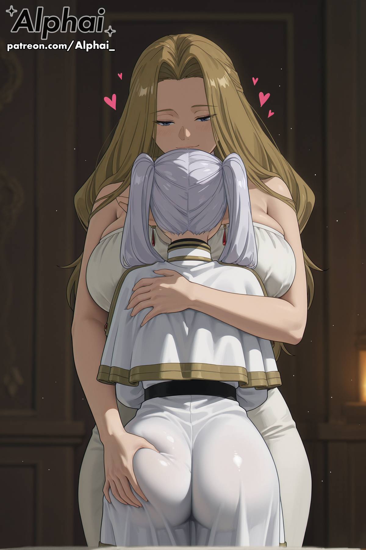 1girl, 2025, 2026, 2girls, 4k, absurd res, absurdres, ai, ai art, ai assisted, ai generated, ai-created, ai-generated, alphai, ass focus, ass grab, big ass, blonde hair, blush, blushing, breasts, brown hair, cinematic lighting, close-up, colorful background, depth of field, detailed hair, detailed skin, detailled background, dramatic shadows, elf, eyelashes, eyeliner, face in breasts, female, female face, female only, flat chest, frieren, frieren (sousou no frieren), frieren beyond journey's end, green eyes, heart, high quality, high resolution, highres, hug, huge ass, huge breasts, long hair, methode (sousou no frieren), naughty face, particles, patreon, patreon link, patreon url, patreon username, petite, pointed ears, raised eyebrows, seductive eyes, semirealistic, short stature, skindentation, slender, small breasts, sousou no frieren, taut clothes, thin, twintails, volumetric lighting, watermark, white hair, yuri