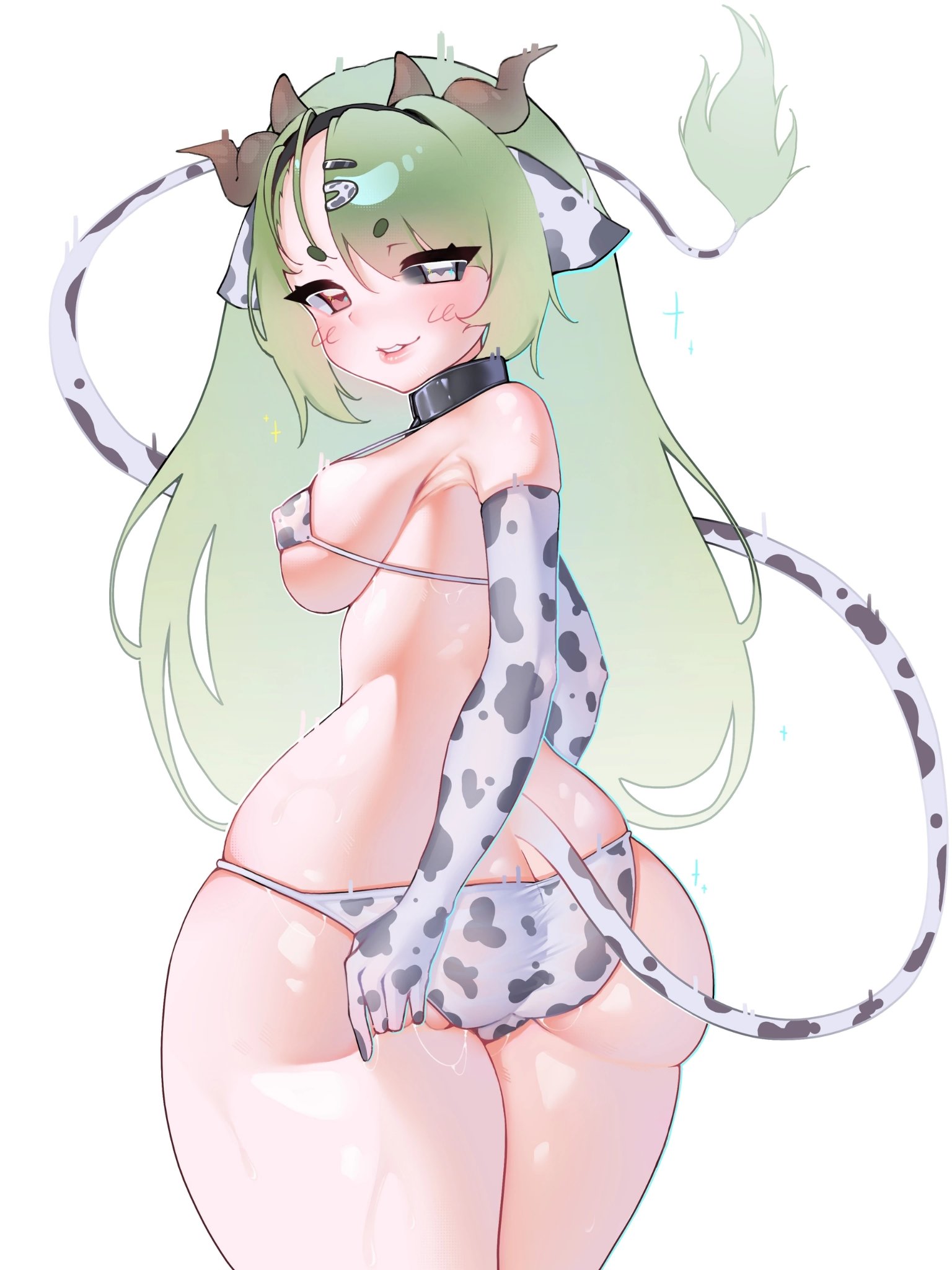 1girl, 1girls, animal ears, animal print, ass, ass focus, bikini, black sclera, breasts, butt crack, colored sclera, commentary, cow ears, cow girl, cow horns, cow print, cow print bikini, cow print gloves, cow tail, cowkini, crelly, fat ass, female, gloves, green hair, grey eyes, grey sclera, heterochromia, highres, horns, huge ass, indie virtual youtuber, large breasts, long hair, looking back, lordefimich, mismatched sclera, print bikini, print gloves, red eyes, sideboob, solo, swimsuit, tail, thick, thick ass, thick thighs, thighs, tits, untranslatable commentary, virtual youtuber, vtuber, white background, wide hips