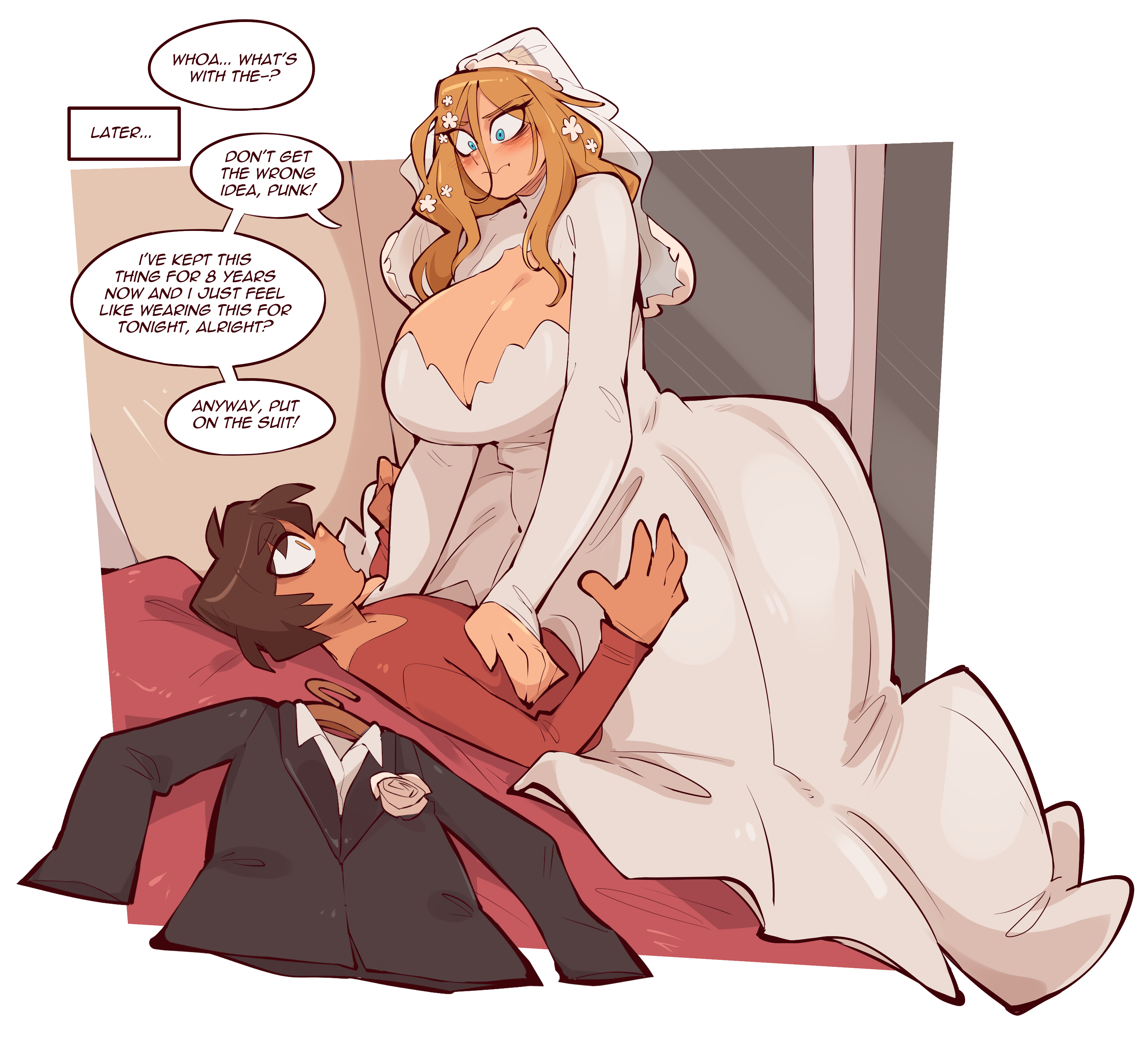 1boy, 1boy1girl, 1girl, 1girl1boy, 1girls, affair, alternate version available, bed, bedroom, big ass, big breasts, black hair, blonde hair, blushing, brown skin, cleavage, comic, comic page, comic panel, embarrassed, flower in hair, flowers, girl on top, hands on torso, huge ass, huge breasts, imminent sex, large ass, large breasts, max gilman (saucymojo), older female, orange hair, red shirt, saucymojo, sfw, student, tatiana arkwright (saucymojo), teacher, teacher and student, wedding attire, wedding dress, wholesome, younger male