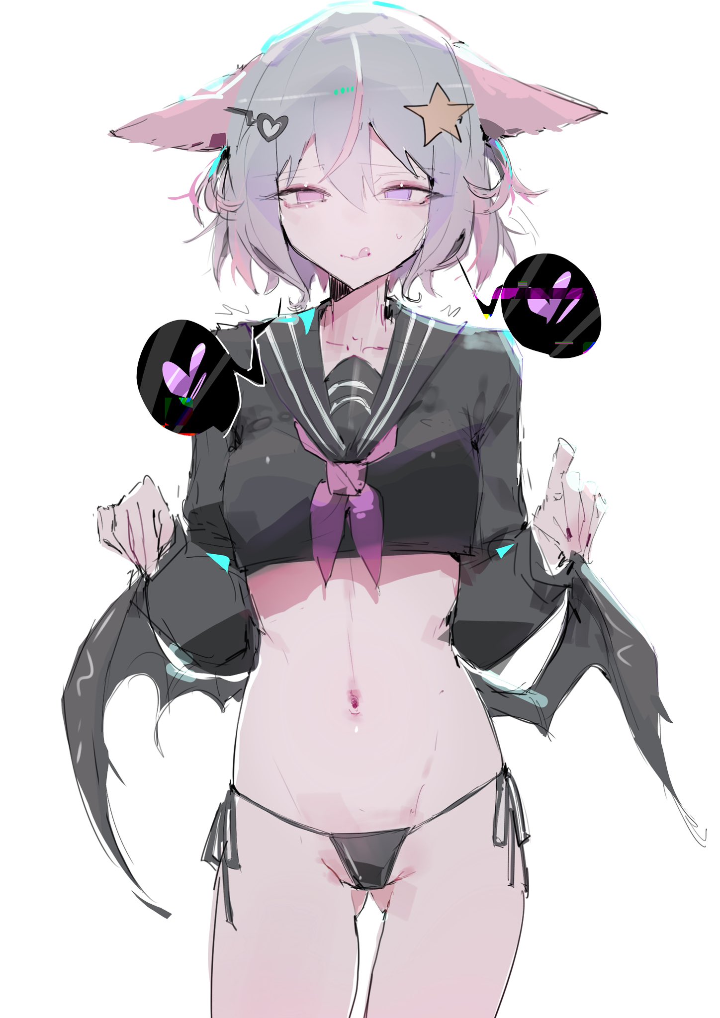 1girl, 1girls, animal ears, annytf, black panties, black sailor collar, black shirt, commentary, demon girl, demon wings, female, fox ears, fox girl, grey hair, hair ornament, heart, heart hair ornament, heterochromia, highres, horny, indie virtual youtuber, ip chort, looking at viewer, navel, panties, pink eyes, pink hair, purple eyes, sailor collar, shirt, short hair, solo, star (symbol), star hair ornament, tongue, tongue out, underwear, untranslatable commentary, virtual youtuber, vtuber, white background, wings