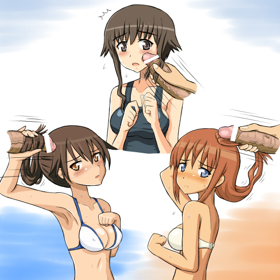 angela_salas_larrazabal blush censored handjob medium_breasts one-piece_swimsuit patricia_schade seki(artist) strike_witches swimsuit tagme takei_junko