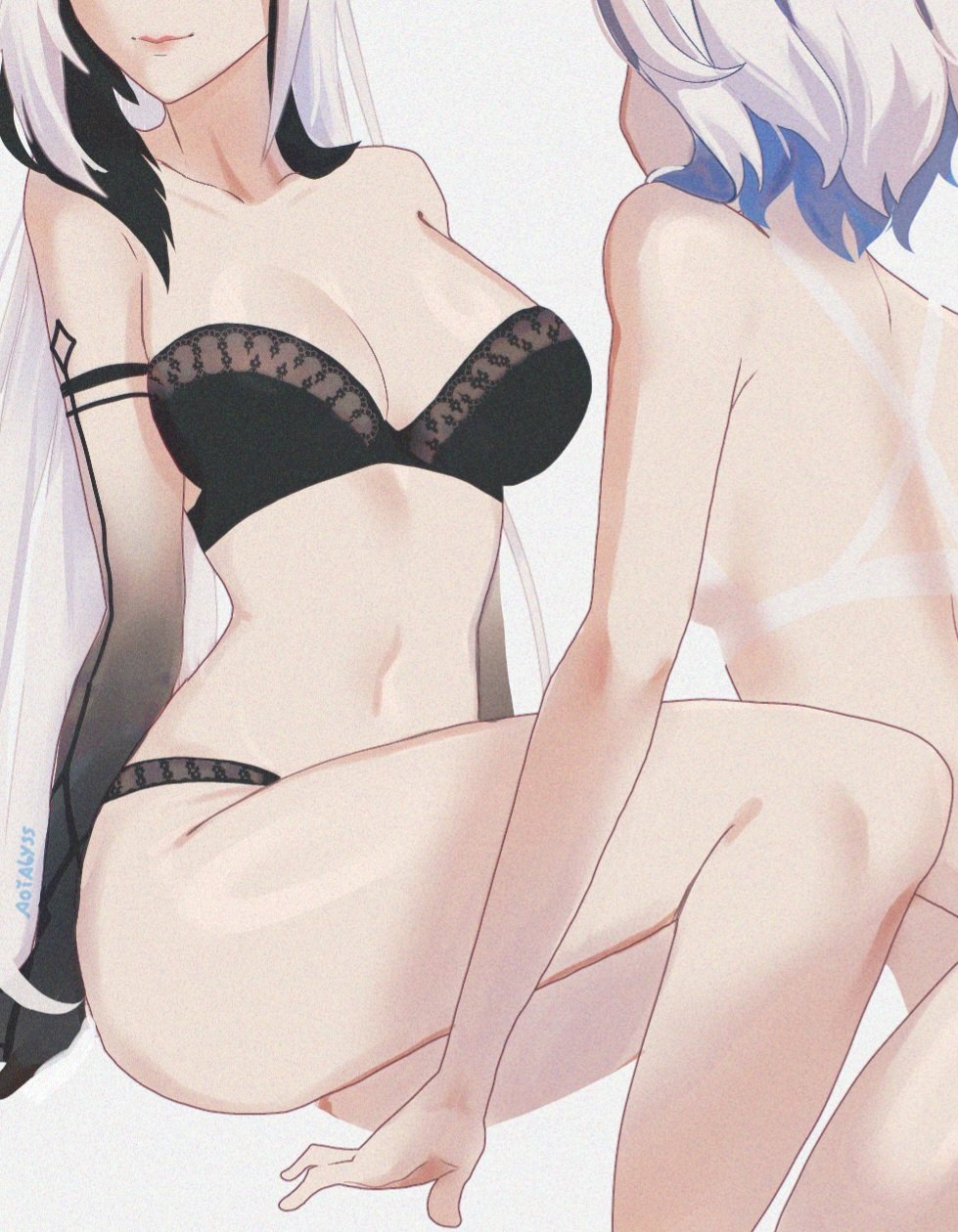 2girls, about to have sex, aoiabyss, arlecchino (genshin impact), backside, black and white hair, bra, curvy, curvy female, furina (genshin impact), genshin impact, juicy lips, lacy bra, lacy panties, lesbians, long hair, medium breasts, panties, petite, petite body, short hair, thick thighs, yuri
