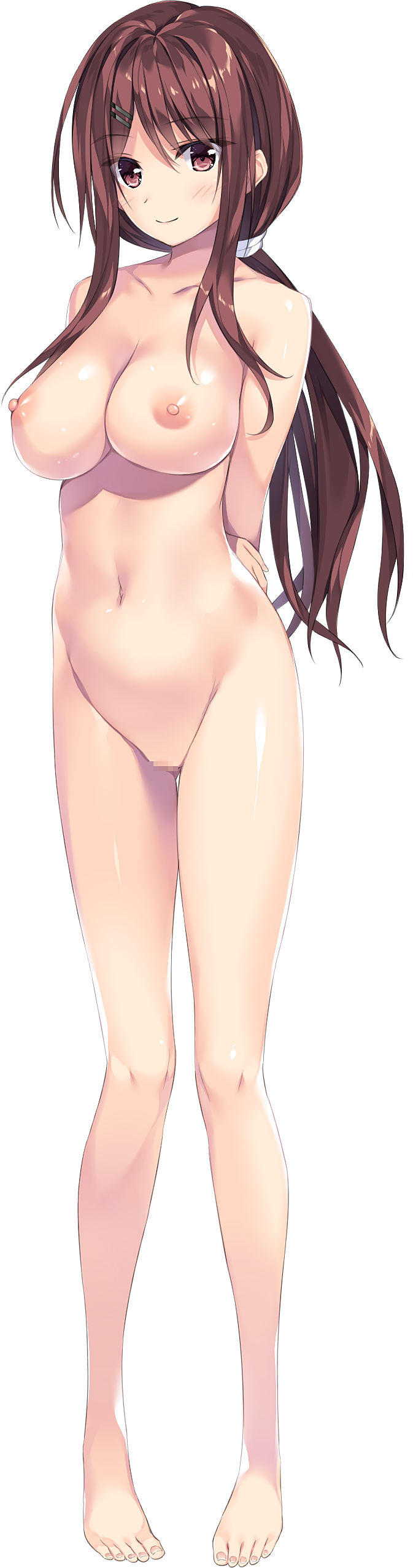 absurdres arms_behind_back ass_visible_through_thighs barefoot bosei_kanojo_-shikyuu_kikan-hen- breasts brown_eyes brown_hair censored collarbone eyebrows_visible_through_hair female full_body hair_ornament hairclip highres large_breasts long_hair looking_at_viewer mosaic_censoring navel nipples nude official_art oryou ponytail pussy shiny shiny_skin smile solo standing tachibana_miori transparent_background