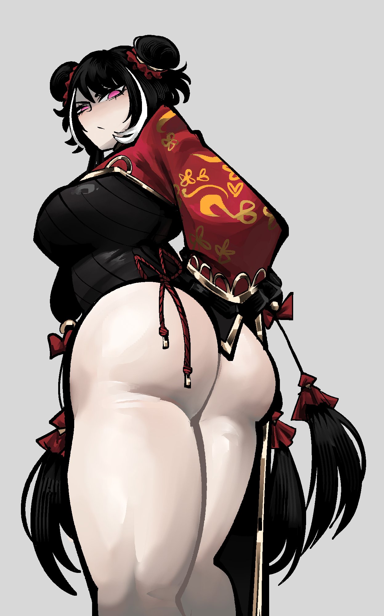 1girl, 1girls, 2d (artwork), 2d artwork, annoyed, ass, ass focus, big ass, big butt, black hair, breasts, breedable hips, bubble ass, bubble butt, butt, butt focus, chinese, chinese clothes, chinese clothing, chinese dress, chinese female, clothed, clothed female, clothing, color, colored, curvaceous, curvaceous body, curvaceous female, curvaceous figure, curvy, curvy body, curvy female, curvy figure, curvy hips, dress, eclipseecliptus, female, female focus, female only, glare, glaring, glaring at viewer, hair bun, hair ornament, high resolution, highres, hips, jia xichun (limbus company), light skin, light-skinned female, limbus company, looking at viewer, looking down, looking down at viewer, pink eyes, project moon, qipao, qipao dress, seductive, seductive pose, sexy, sexy body, sexy female, sexy pose, simple background, solo, solo female, solo focus, thicc, thick, thick ass, thick thighs, traditional clothes, voluptuous, voluptuous body, voluptuous female