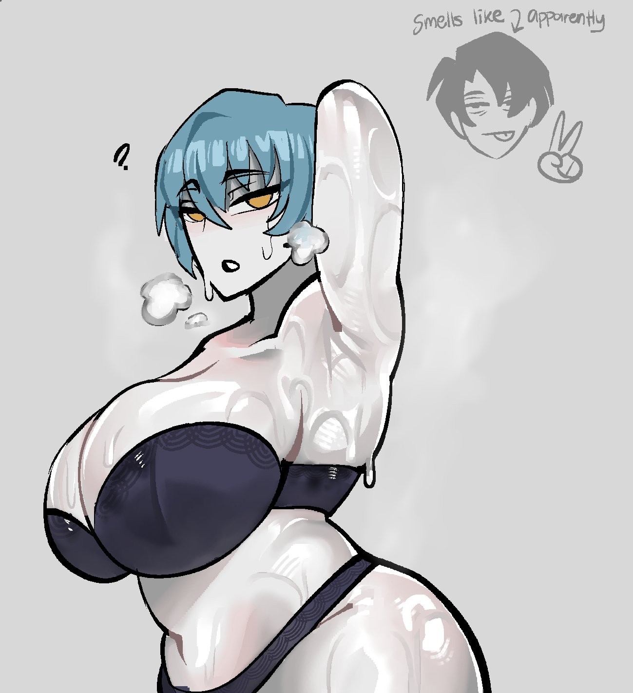 1girl, 1girls, 2d, 2d (artwork), 2d artwork, angela (library of ruina), armpit, armpit fetish, armpit focus, armpits, arms up, ass, big boobs, big breasts, blue hair, blush, boobs, boobs focus, bra, breast focus, breasts, breasts focus, breathing heavily, canon couple, cleavage, color, colored, curvaceous, curvaceous body, curvaceous female, curvaceous figure, curvy, curvy body, curvy female, curvy figure, curvy hips, eclipseecliptus, female, female focus, female only, glistening, glistening body, glistening skin, golden eyes, high resolution, highres, hips, library of ruina, light skin, light-skinned female, lobotomy corporation, nearly nude, overflowing breasts, panties, project moon, question mark, raised arm, roland (library of ruina), sexy, sexy armpits, sexy body, sexy female, sexy pose, shipping, short hair, sideboob, simple background, solo, solo female, solo focus, sweat, sweatdrop, sweating, sweaty, sweaty body, sweaty breasts, thighs, underwear, voluptuous, voluptuous body, voluptuous female, wide hips
