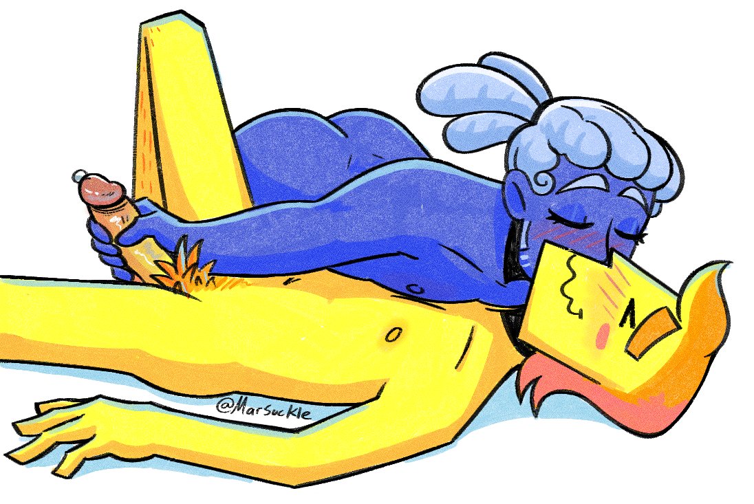 blue (deltarune), blue body, blue hair, blue skin, blush, blushing, blushing male, canon couple, cock, deltarune, deltarune chapter 5, dick, duo, femboy, feminine, feminine male, gay, hand on penis, handjob, kissing, kissing cheek, laying, laying down, laying on back, love, male, male only, male/male, masturbating other, masturbation, penis, precum, precum bubble, precum on penis, romance, romantic, romantic couple, sex, submissive, submissive male, yaoi, yellow (deltarune), yellow body, yellow skin