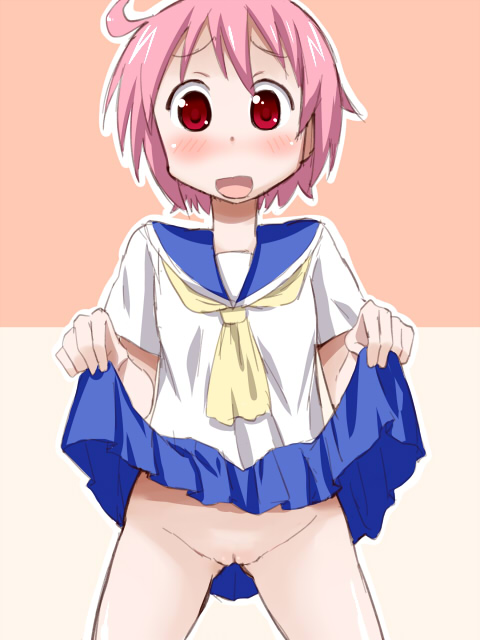 blush clothing female no_panties nonohara_yuzuko open_mouth pink_hair pussy red_eyes school_uniform serafuku short_hair short_pink_hair skirt skirt_lift smile solo thighs toku_sonchou uncensored yuyushiki