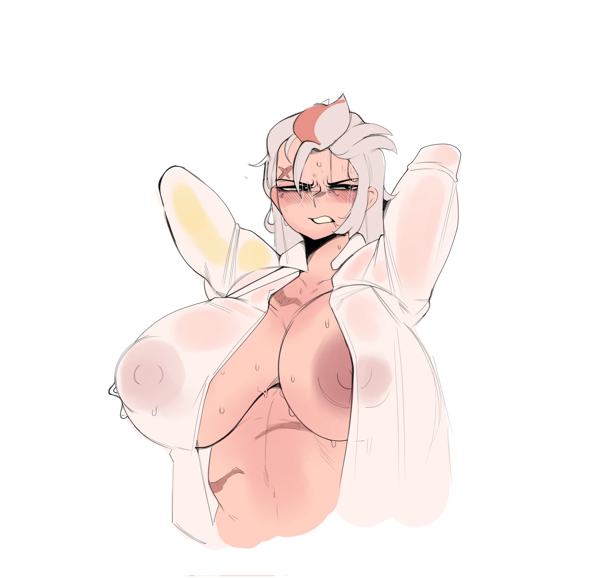 1girls, areola, areolae, arms behind back, arms up, belle (brawl stars), big breasts, blush, blush face, blush lines, blushing, blushing female, brawl stars, breasts, breasts bigger than head, female, female focus, female only, golden arm, goldhand belle, huge breasts, light skin, light-skinned female, multicolored hair, nipples, nipples visible through clothing, nuggx117, open shirt, prosthetic, prosthetic arm, shirt, simple background, solo, solo female, solo focus, sweat, sweatdrop, sweating, sweaty, sweaty body, sweaty breasts, sweaty face, textless, unbuttoned shirt, wet body, wet breasts, wet clothes, wet clothing, wet shirt, wet skin, wet topwear, white background, white hair, white shirt