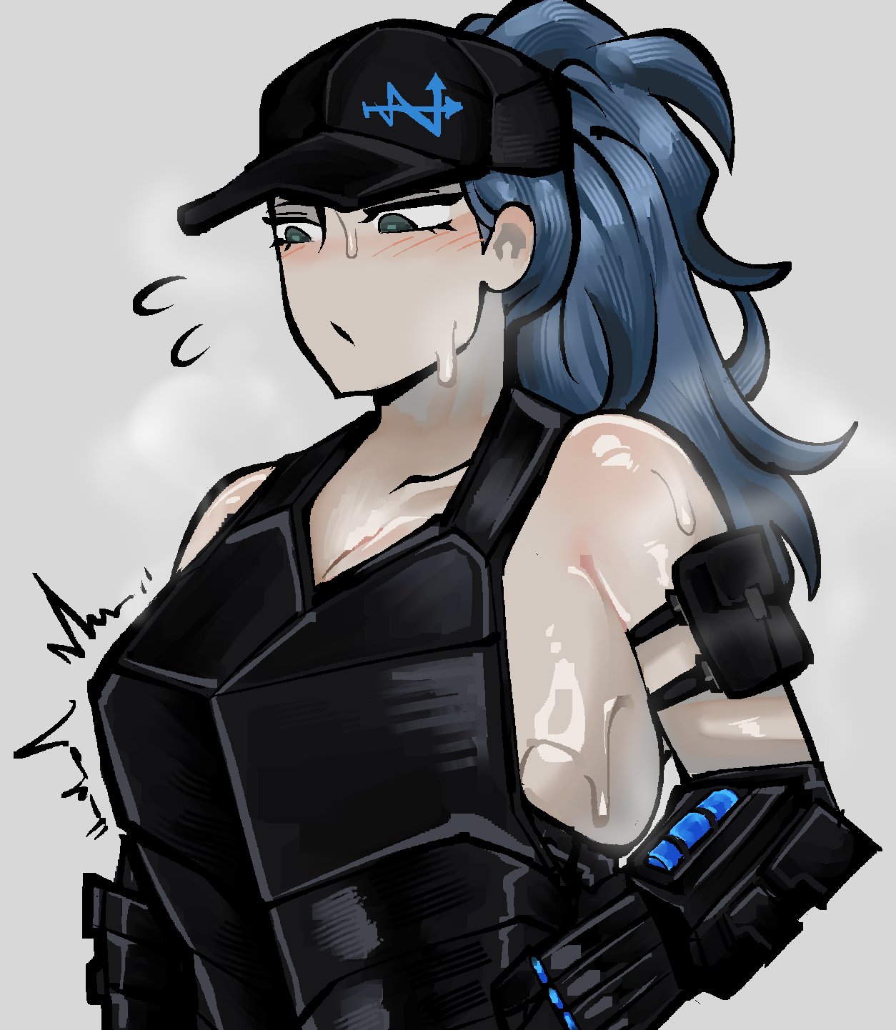 1girl, 1girls, 2d, 2d (artwork), 2d artwork, armor, armored female, big boobs, big breasts, blue hair, blush, blushing, boobs covered, breasts covered, cap, cleavage, eclipseecliptus, female, female focus, female only, gauntlets, hat, high resolution, highres, library of ruina, light skin, light-skinned female, long hair, nearly nude, ponytail, project moon, rose (library of ruina), sexy, sexy body, sexy female, simple background, solo, solo female, solo focus, sweat, sweatdrop, sweating, sweaty, sweaty body, sweaty breasts, upper body, upper body focus