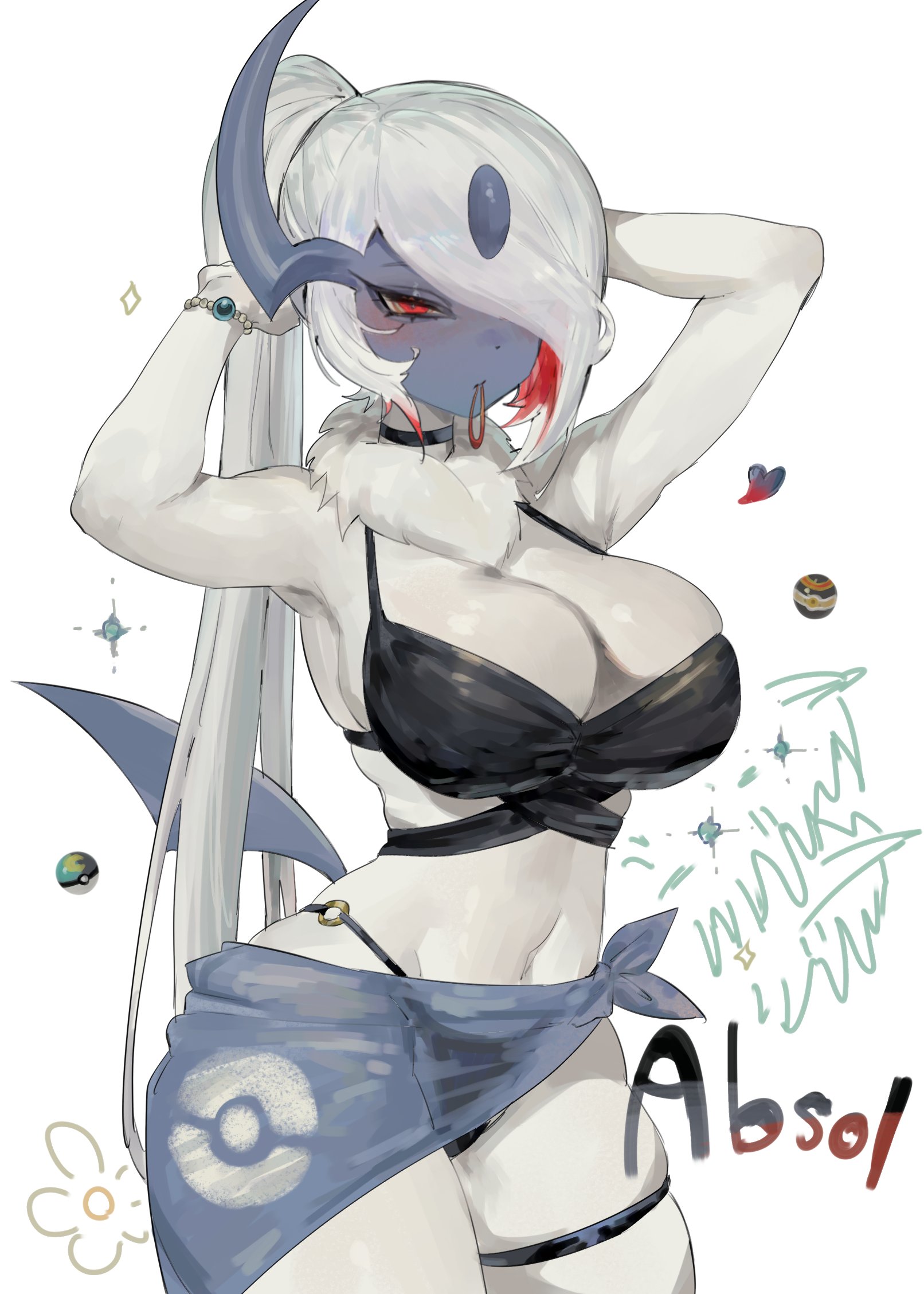 1girls, absol, adjusting hair, anthro, big breasts, bikini, choker, cleavage, english text, eyelashes, female, female only, generation 3 pokemon, hair over one eye, hair tie in mouth, hi res, long hair, looking at viewer, narrowed eyes, nintendo, pokemon, pokemon (species), ponytail, red eyes, sarong, simple background, solo, text, thick thighs, thigh strap, toge77789, togetoge, white background, white hair, wide hips