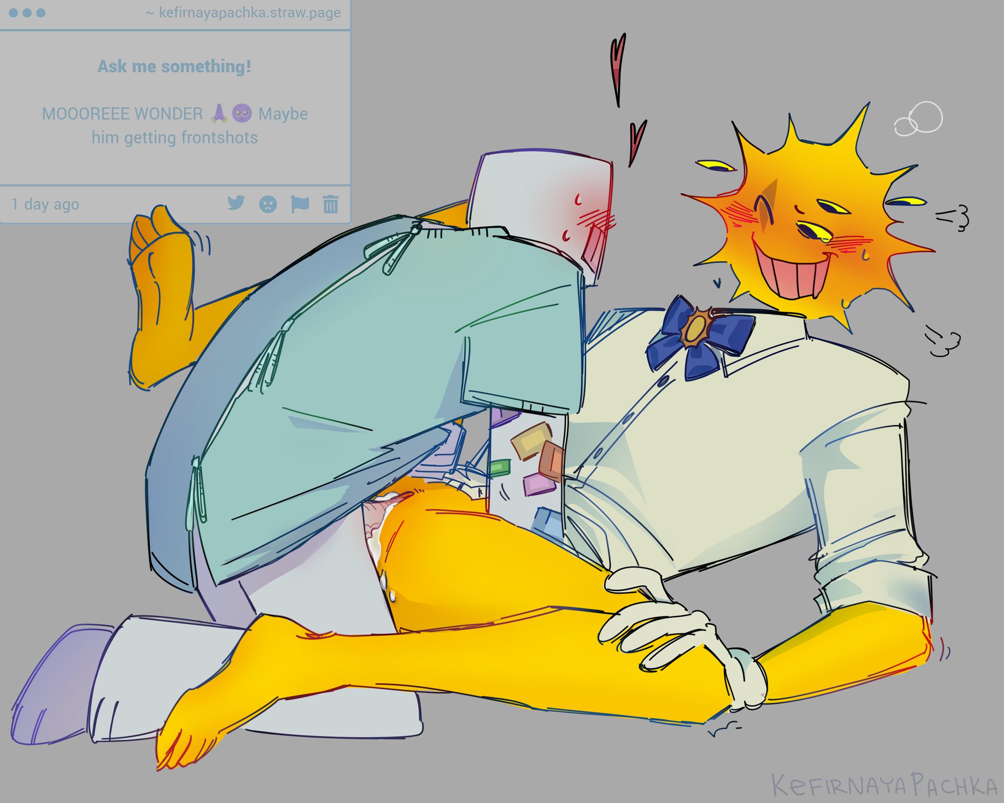 2boys, blush, blush lines, blushing, bottomless, character request, cock, copyright request, cum, cum in pussy, cum inside, cumming, dick, drooling, extra eyes, eyes, gay, gay male, gay sex, gloves, hospital gown, impregnation attempt, male, male only, mascot horror, multiple eyes, object head, penis, pussy, roblox, roblox game, sex, shake lines, shirt, smiling, sun, sun head, tie, unknown character, vagina, vaginal, vaginal penetration, vaginal sex, white body, wonderland, yellow body, yellow eyes