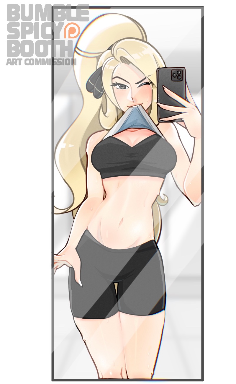 1girls, 2d, 2d (artwork), artist name, black bra, blonde, blonde female, blonde hair, blonde hair female, blonde-haired female, bra, bumblespicybooth, comission, cynthia (pokemon), fit female, iphone, mirror selfie, patreon logo, phone selfie, pokemon, selfie, shirt lift, shirt lift via mouth, showing bra, smartphone, solo, solo female