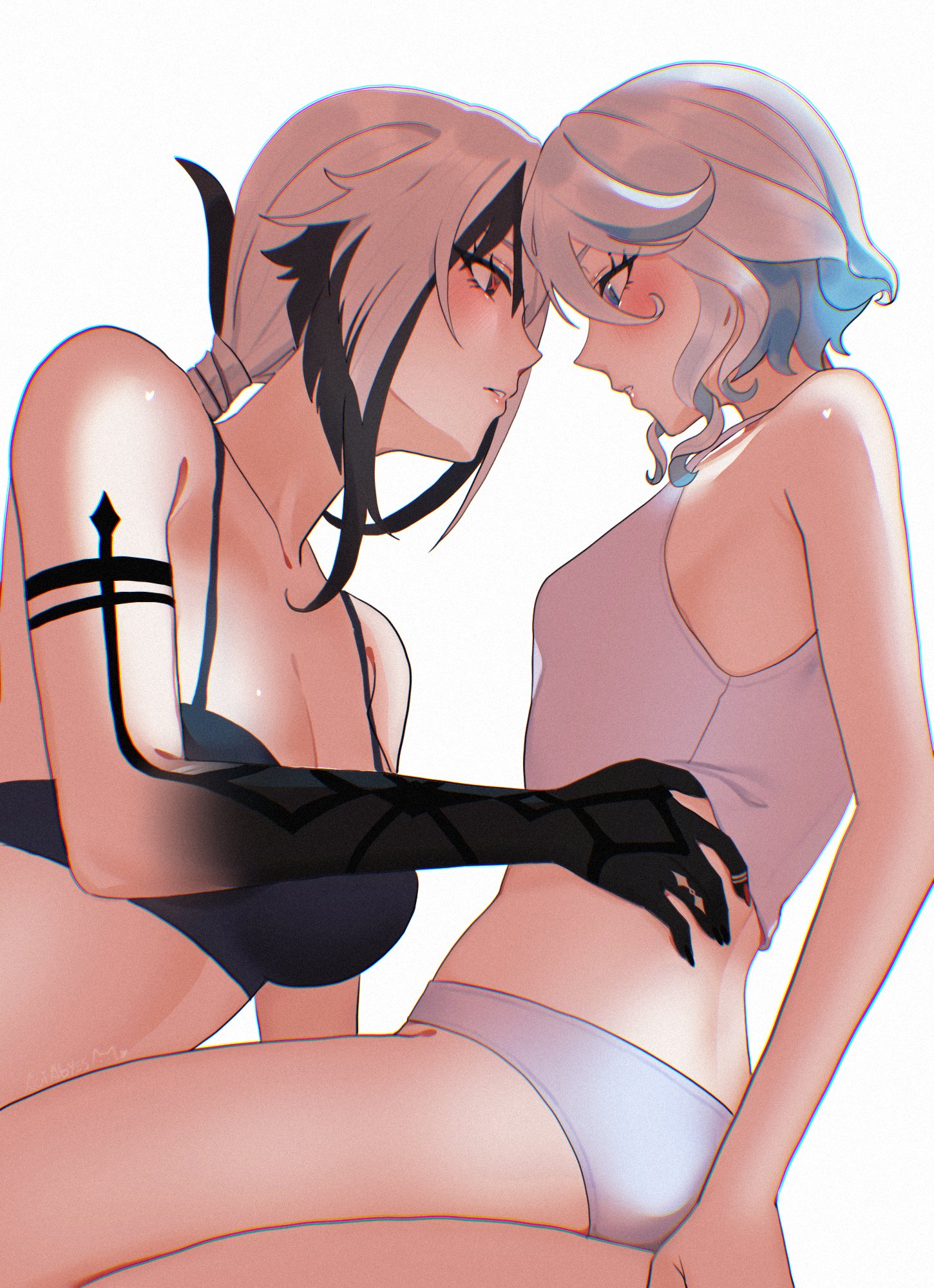 2girls, aoiabyss, arlecchino (genshin impact), ass, between legs, big breasts, black and white hair, blue and pink hair, bra, female/female, furina (genshin impact), genshin impact, hand on waist, lesbians, ponytail, shirt and panties, short hair, yuri