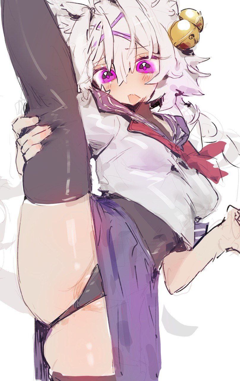1girl, 1girls, animal ears, bell, black leotard, black thighhighs, blue sailor collar, blue skirt, blush, commentary, female, filian, filian (vtuber), hair bell, hair ornament, highres, indie virtual youtuber, ip chort, leotard, leotard under clothes, open mouth, purple eyes, rindo (vrchat), sailor collar, shirt, short hair, skirt, split, spread legs, standing, standing on one leg, standing split, thick thighs, thighhighs, thighs, untranslatable commentary, virtual youtuber, vtuber, white background, white hair, white shirt