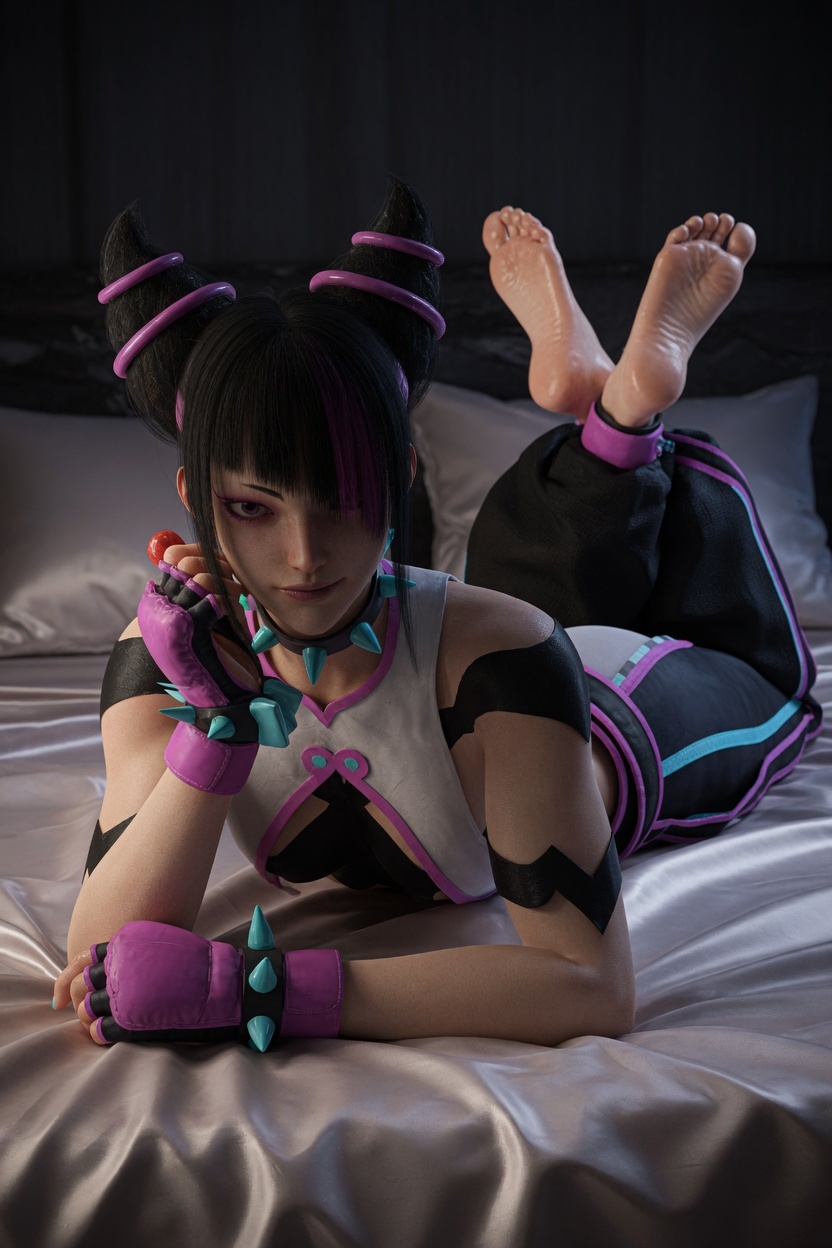 big feet, feet, feet focus, feet up, female, hot, juri han, laying on bed, long feet, long soles, soles, soles fetish, street fighter, street fighter 6, toes, toes fetish