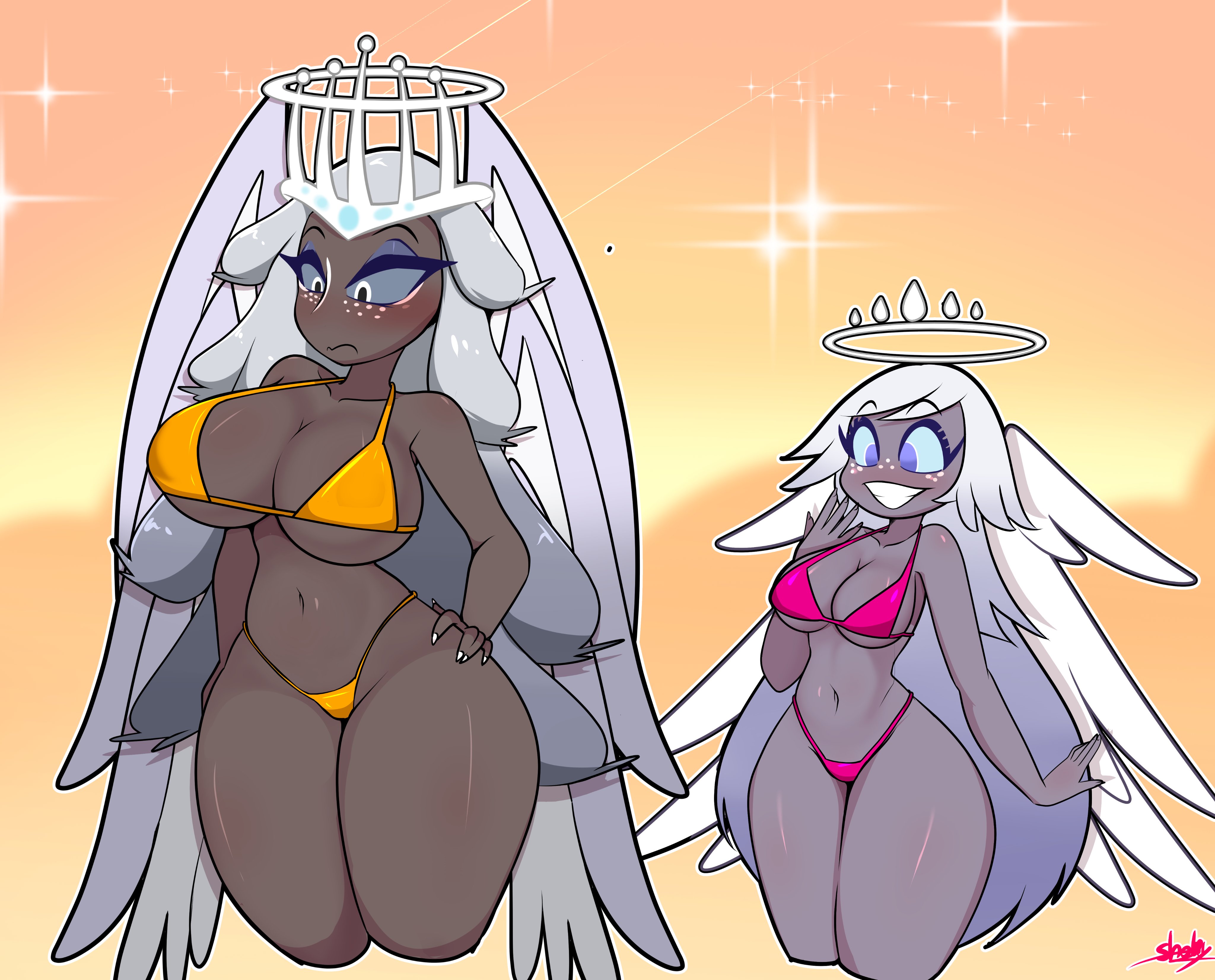 2girls, alternate costume, alternate version available, angel, angel girl, angel wings, big breasts, bikini, bikini bottom, bikini top, black eyes, blue eyes, blue eyeshadow, bottomwear, breasts, cleavage, emily (hazbin hotel), eyeshadow, female, female only, freckles, freckles on face, grey body, grey eyeshadow, grey hair, grey skin, halo, hand on hip, hazbin hotel, hips, long hair, mature, mature female, mature woman, pink bikini, sera (hazbin hotel), shokyshoky5, sisters, smile, sparkles, swimwear, topwear, white hair, yellow bikini