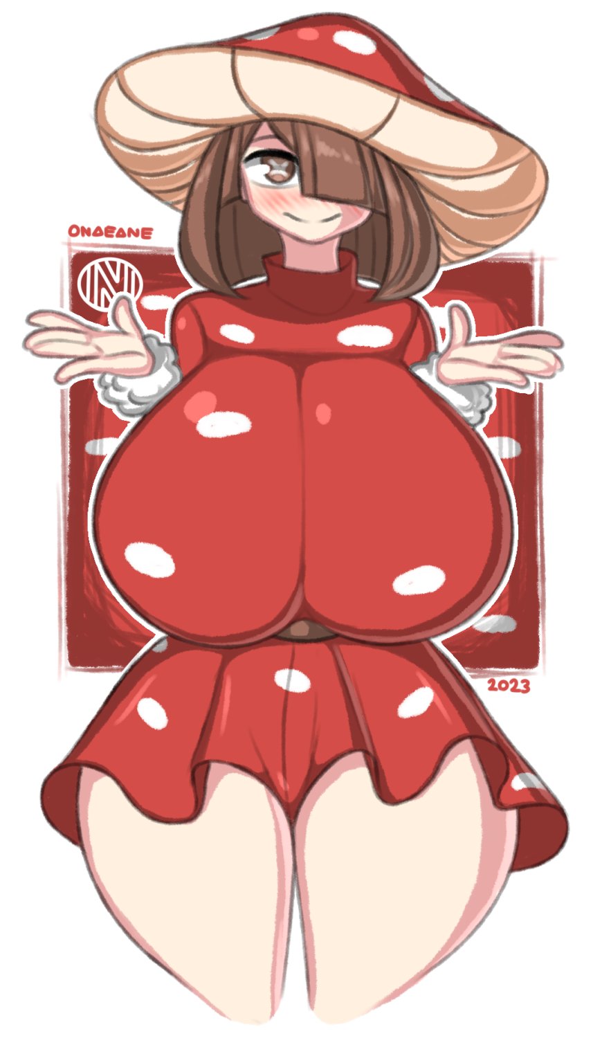 1girls, artist logo, artist signature, big boobs, big breasts, boku no hero academia, boobs, breasts, brown eyes, brown hair, clothing, dress, female, female only, hair over one eye, hero outfit (mha), huge boobs, huge breasts, komori kinoko, mushroom, mushroom girl, mushroom hat, my hero academia, onaeane, paizuri potential, short hair, simple background, thighs, titjob potential