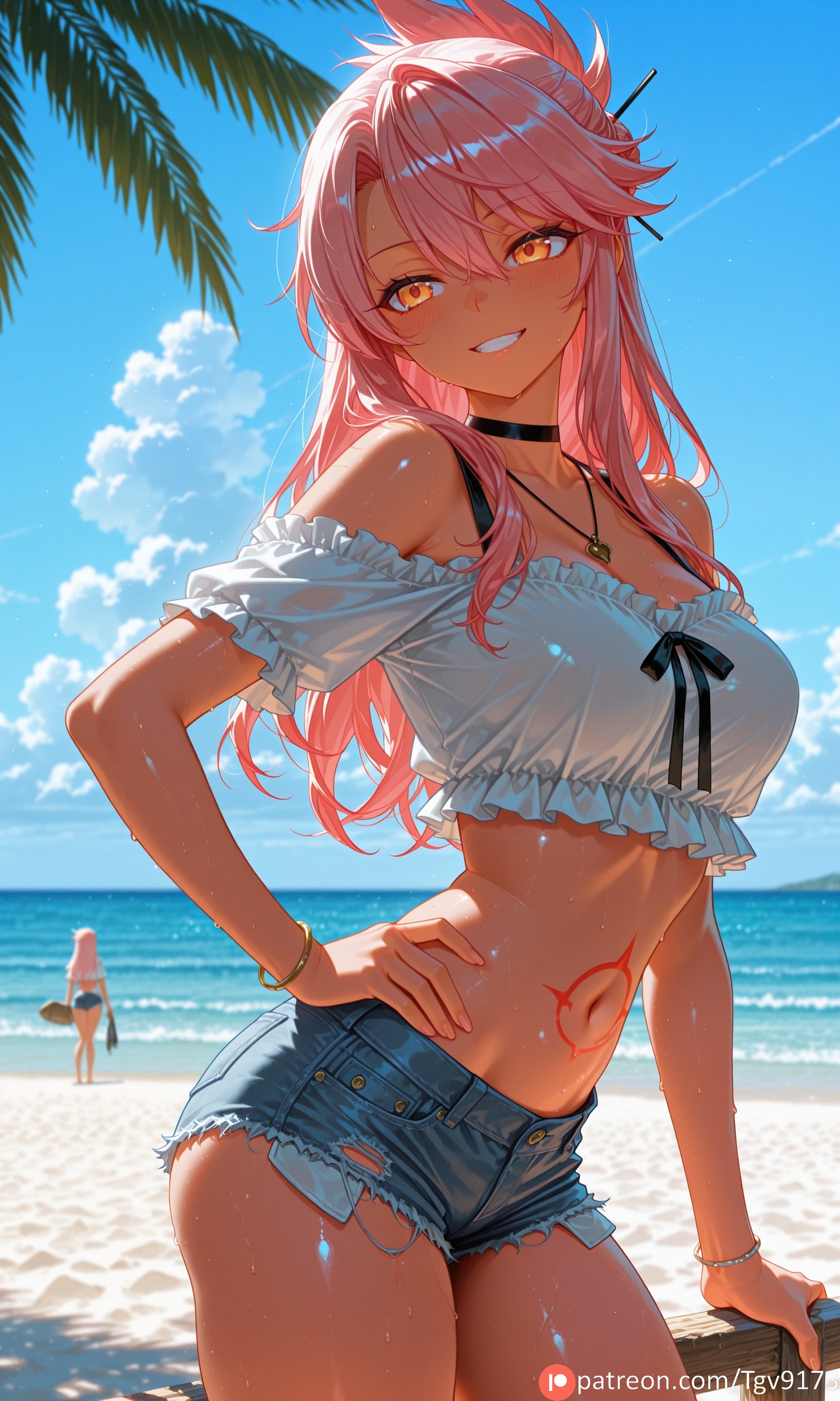1girl, 1girls, 2girls, ai generated, alternate breast size, alternate breast size (larger), alternate costume, bangs, bare shoulders, beach, bikini, black choker, blue shorts, blue sky, blush, bracelet, breasts, chloe von einzbern, choker, cloud, collarbone, commission, commission art, commissions open, corruption, crop top, cutoffs, dark skin, dark-skinned female, day, denim, denim shorts, fate (series), fate/apocrypha, fate/grand order, folded ponytail, grin, gyaru, gyaru gal, gyarufication, hair between eyes, hair ornament, hairpin, hand on hip, highres, image, image sample, image set, innertube, jewelry, large breasts, long hair, looking at viewer, medium breasts, midriff, more at source, multiple girls, navel, necklace, ocean, off shoulder, off-shoulder shirt, orange eyes, outdoors, palm tree, part of a set, parted lips, patreon, pink hair, pixiv, pixiv commission, pixiv link, pixiv sample, provocative, revealing clothes, self upload, shirt, shore, short shorts, short sleeves, shorts, sidelocks, sky, small breasts, smile, solo focus, standing, stomach, stomach tattoo, swimsuit, tan body, tan skin, tanned, tanned skin, tattoo, tgv9173, thighs, tree, water, wet, white shirt