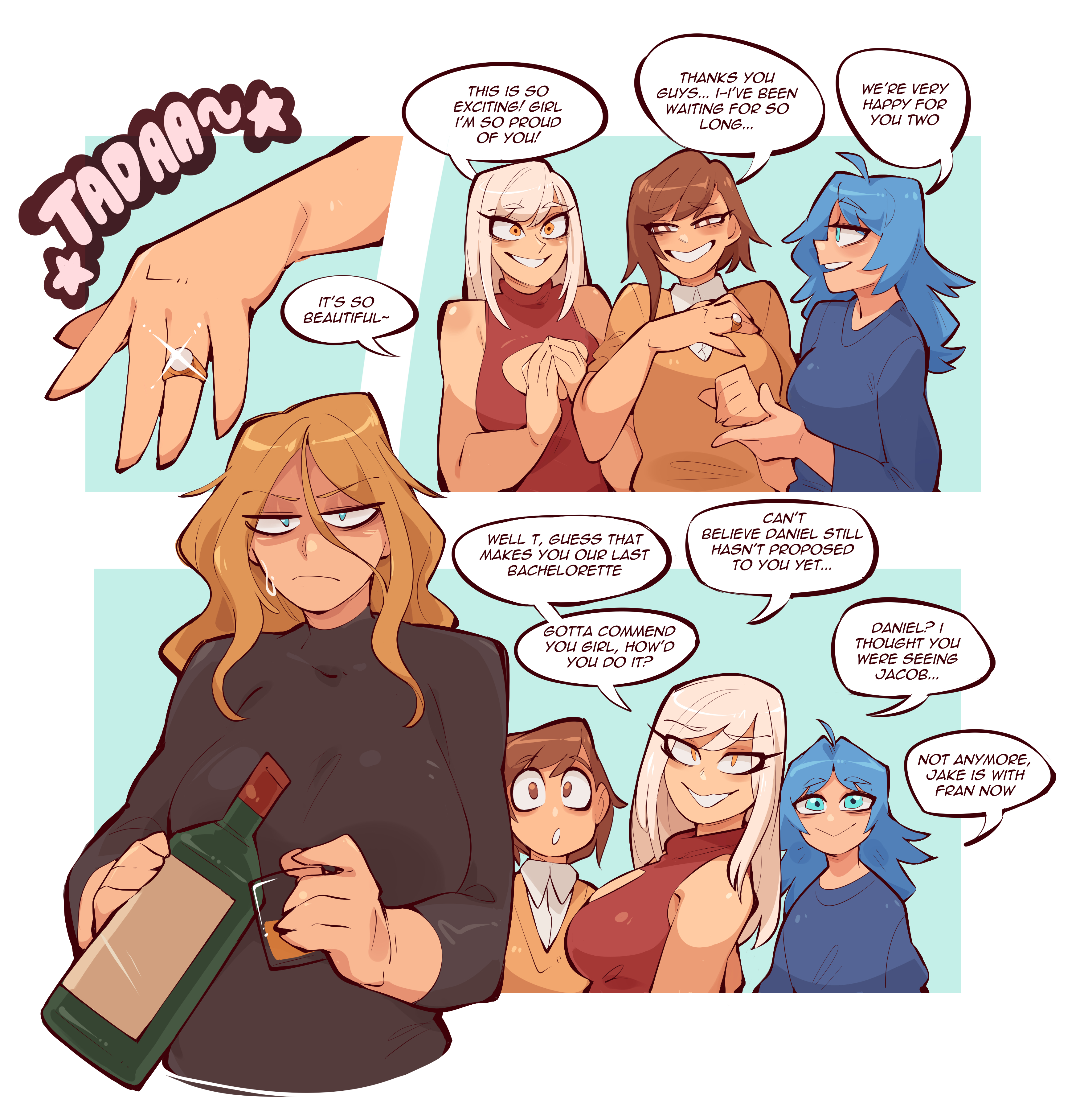 4girls, annoyed, annoyed expression, black sweater, blonde hair, blue hair, blue shirt, brown eyes, brown hair, comic, comic page, comic strip, female only, friends, gossip, green eyes, large breasts, orange eyes, orange shirt, red dress, saucymojo, sfw, smile, smiling, tatiana arkwright (saucymojo), teacher, turquoise eyes, wedding ring, white hair, wine, wine bottle, wine glass