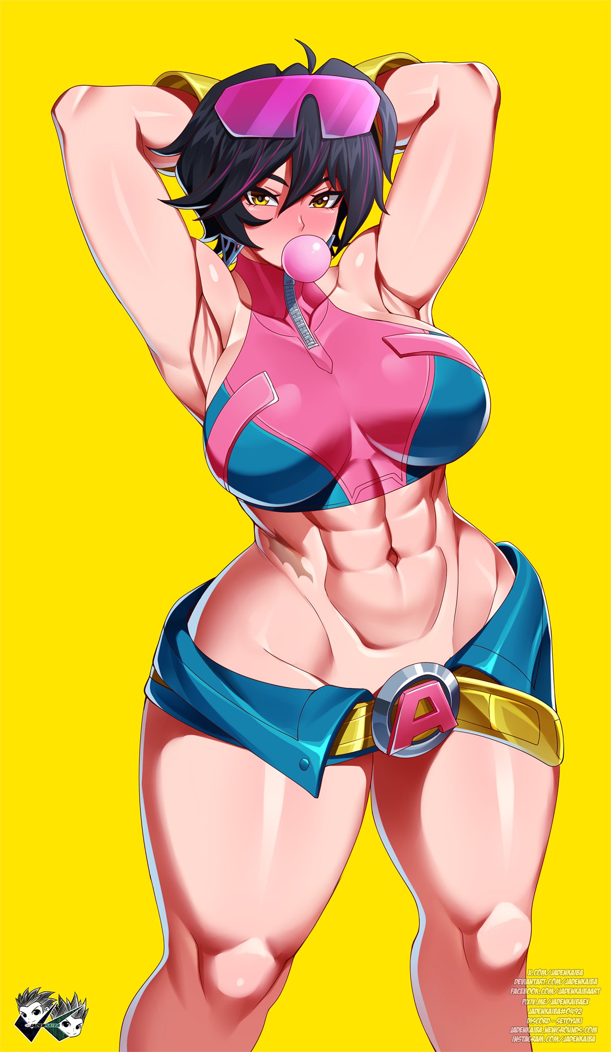 1girls, 2d, abs, arms behind head, big breasts, black hair, bubble gum, clothed, female, female only, fit, fit female, fully clothed, hi res, jadenkaiba, jubilee, jubilee (marvel rivals), looking at viewer, marvel, marvel comics, marvel rivals, simple background, solo, sunglasses on head, thick thighs, toned, toned female, wide hips, x-men, yellow background, yellow eyes