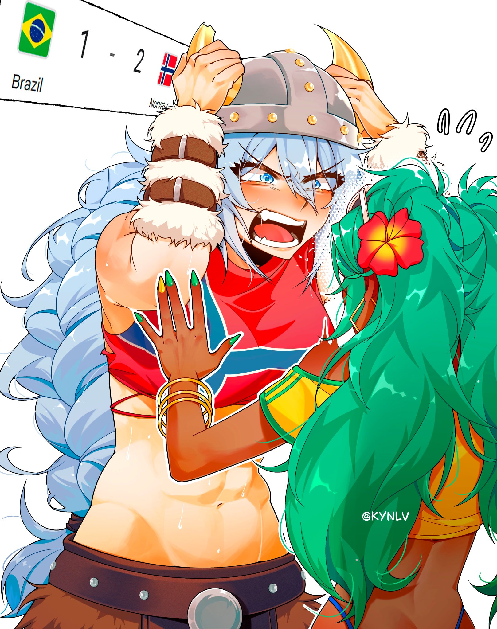 2d, 2d (artwork), 2d artwork, 2girls, abs, artist request, brazilian, brazilian female, brazilian miku, digital drawing (artwork), digital media, digital media (artwork), female, female focus, female only, flag, football, hatsune miku, national personification, norway, norwegian, norwegian female, norwegian flag, norwegian miku, source request, tagme, vocaloid, world cup