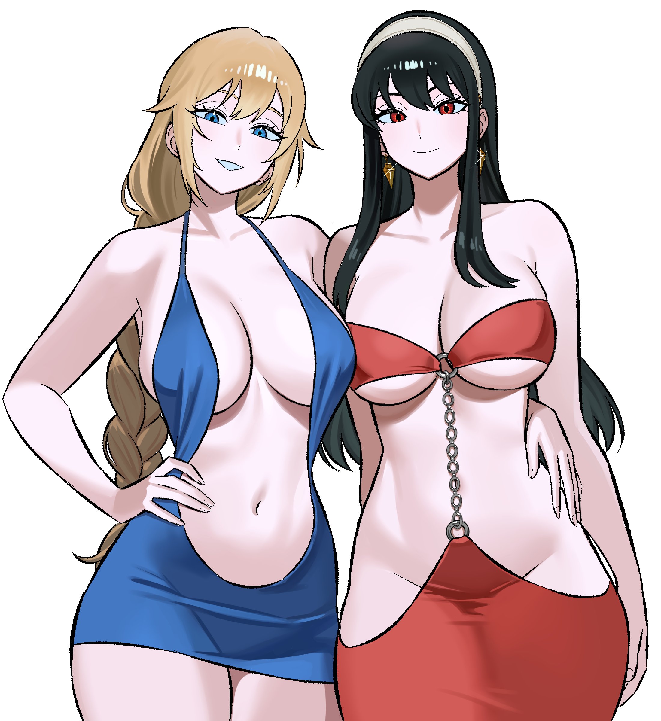 2d (artwork), 2girls, beautiful women, big breasts, black hair, blonde hair, blue eyes, boob window, braid, breast press, breasts, cleavage, crossover, dress, duo, earrings, female, female only, hourglass figure, huge breasts, large breasts, long hair, looking at viewer, mature woman, miniskirt, navel, no bra, red eyes, revealing clothes, short skirt, skirt, slim waist, sophitia alexandra, soul calibur, spy x family, thick, thick thighs, thighs, tight clothing, underboob, voluptuous, voluptuous female, white background, wide hips, yor briar, yor forger, zeon (zzeeonn), zeon j