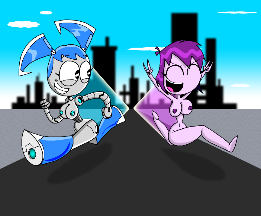 2girls breasts female female_only gynoid hand_gesture hourglass_figure jenny_wakeman misty_(mlaatr) montatora-501 multiple_girls my_life_as_a_teenage_robot nude omegusmaximus open_mouth purple_hair robot smile smooth_skin streaking teenager xj-9