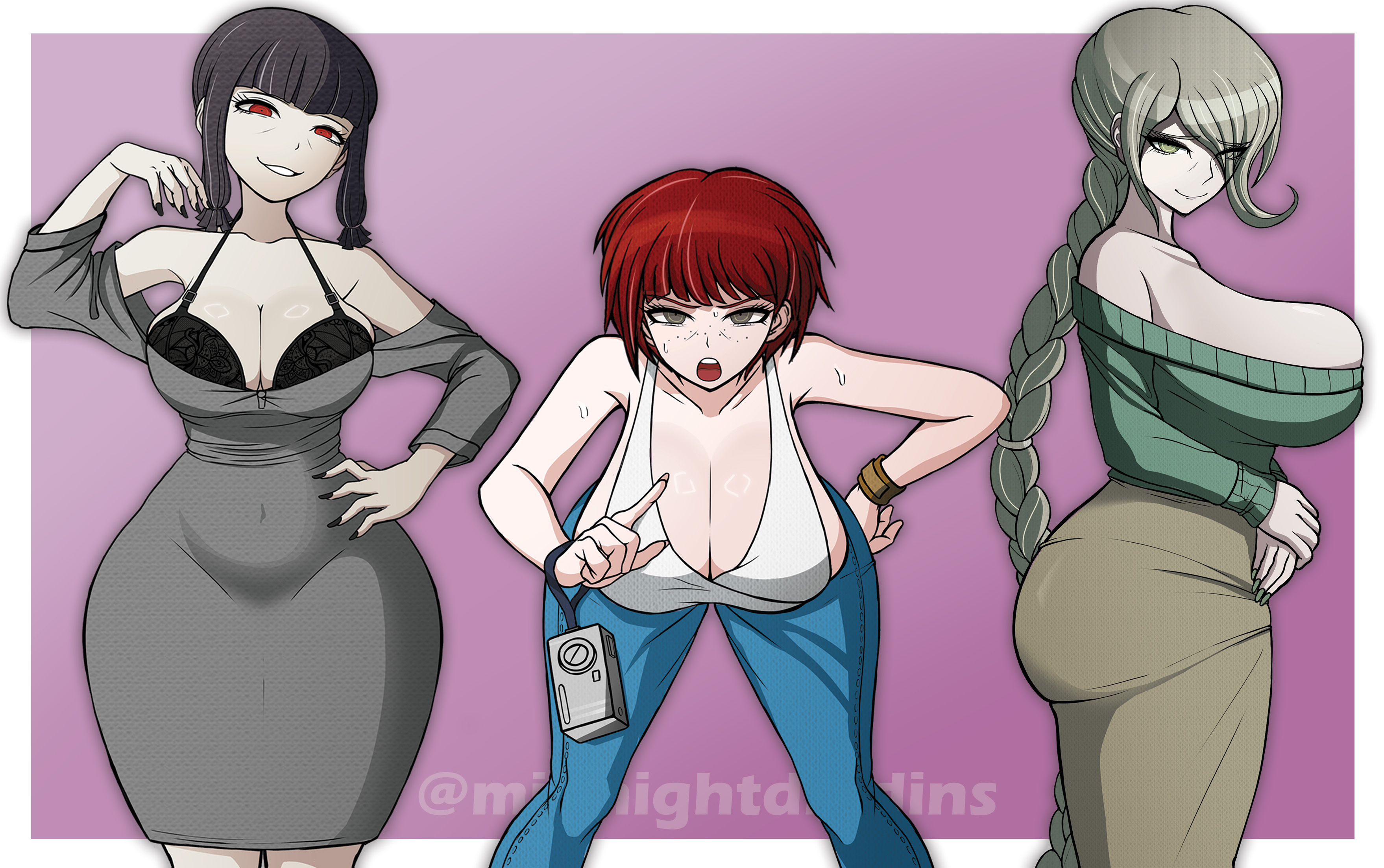 3girls, aged up, alternate breast size, black hair, blue jeans, braid, camera, celestia ludenberg, danganronpa, danganronpa 2: goodbye despair, danganronpa v3, exposed bra, female, female only, freckles, green eyes, green hair, huge ass, huge breasts, koizumi mahiru, leaning forward, looking at viewer, mature female, middinos, midnightdindins, milf, multiple girls, navel, navel visible through clothes, red eyes, red hair, short hair, smile, sweat, sweater, thick thighs, toujou kirumi, wristband