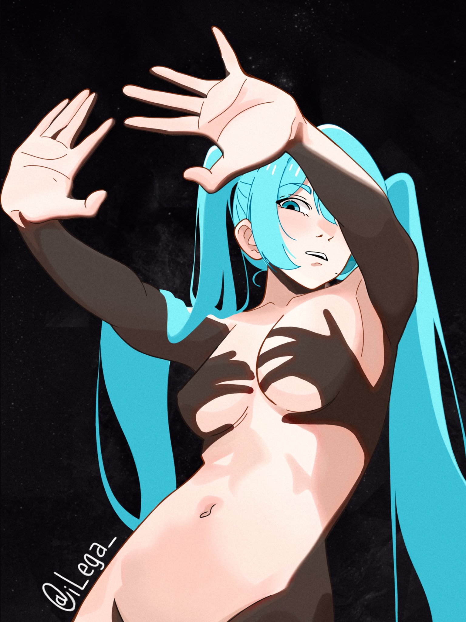 blue hair, covered nipples, curvaceous, curvaceous female, curvaceous figure, curvy, curvy figure, curvy hips, cyan hair, female, female focus, female only, hand shadow, hands casting shadow, hatsune miku, ilega, long hair, meme, nipples, nude, nude female, shadow, skinny, skinny girl, solo, twintails, vocaloid