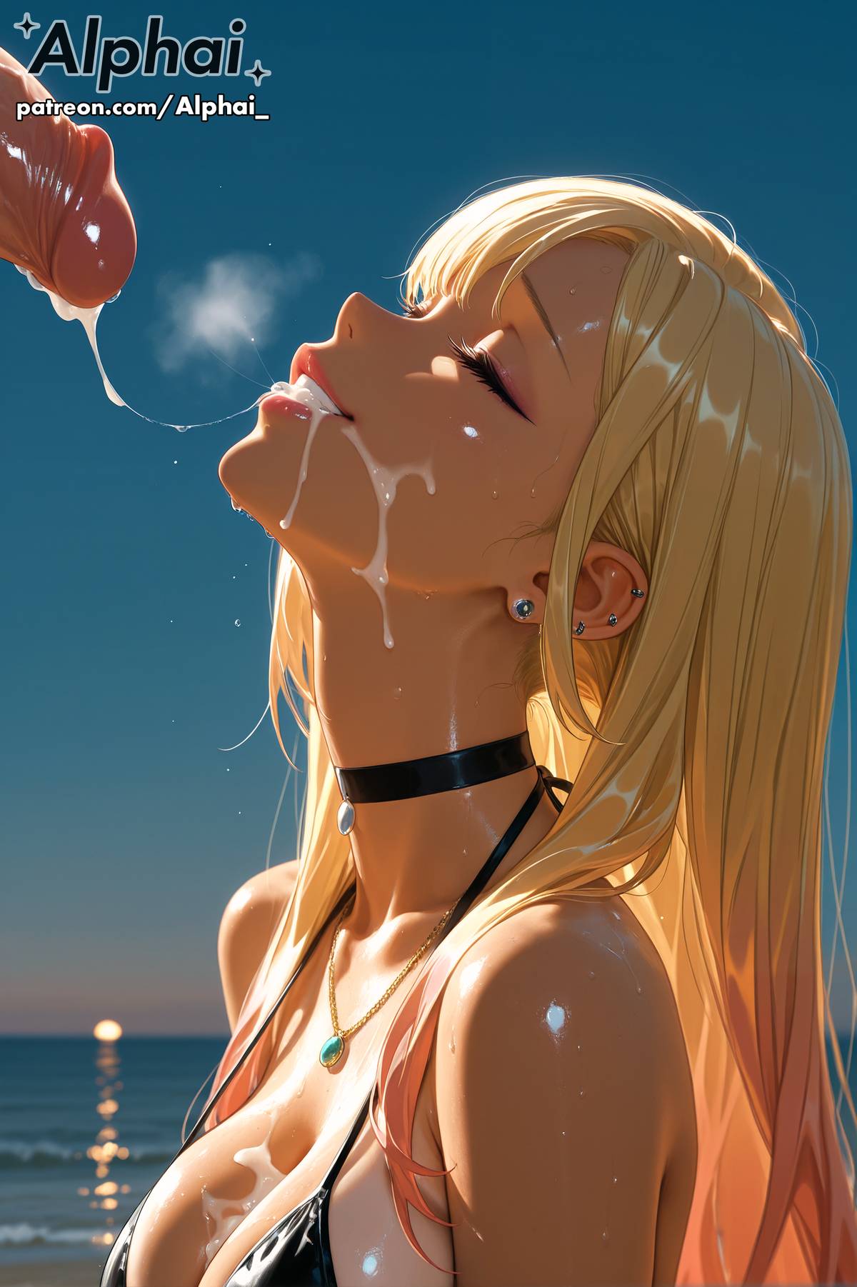 1boy, 1girl, 1girls, 2025, 2026, 4k, absurd res, absurdres, adornments, ai, ai art, ai assisted, ai generated, ai-created, ai-generated, alphai, anime, bangs, barbell piercing, bikini, bikini tan, black bikini, black choker, blonde hair, blushing, breath, choker, cinematic lighting, close-up, closed eyes, closed mouth, clothing, colorful background, cum, cum in mouth, cum on body, cum string, cumdrip, curvy, depth of field, detailed hair, detailed skin, detailled background, dramatic shadows, ear piercing, earrings, eyelashes, eyeliner, facial, female, female face, fingernails, from side, gradient hair, halterneck, hand up, head back, heavy breathing, high quality, high resolution, highres, industrial piercing, jewelry, kitagawa marin, large breasts, lips, long fingernails, long hair, makeup, male, marin kitagawa, medium breasts, multicolored hair, my dress up darling, nail polish, naughty face, night, night time, ocean, one-piece tan, outdoors, painted nails, particles, patreon, patreon link, patreon url, patreon username, piercing, pink hair, pink lips, pink nails, portrait, raised eyebrows, red eyes, saliva, saliva drip, saliva on face, saliva on tongue, saliva string, saliva trail, seductive eyes, sharp fingernails, shiny hair, shiny skin, skindentation, slender, smile, solo, sono bisque doll wa koi wo suru, stud earrings, swallowing, swallowing cum, sweat, swimwear, tall female, tan body, tan skin, tanlines, tanned, throat bulge, two-tone hair, upper body, visible breath, volumetric lighting, watermark, wet, wet body, wet skin