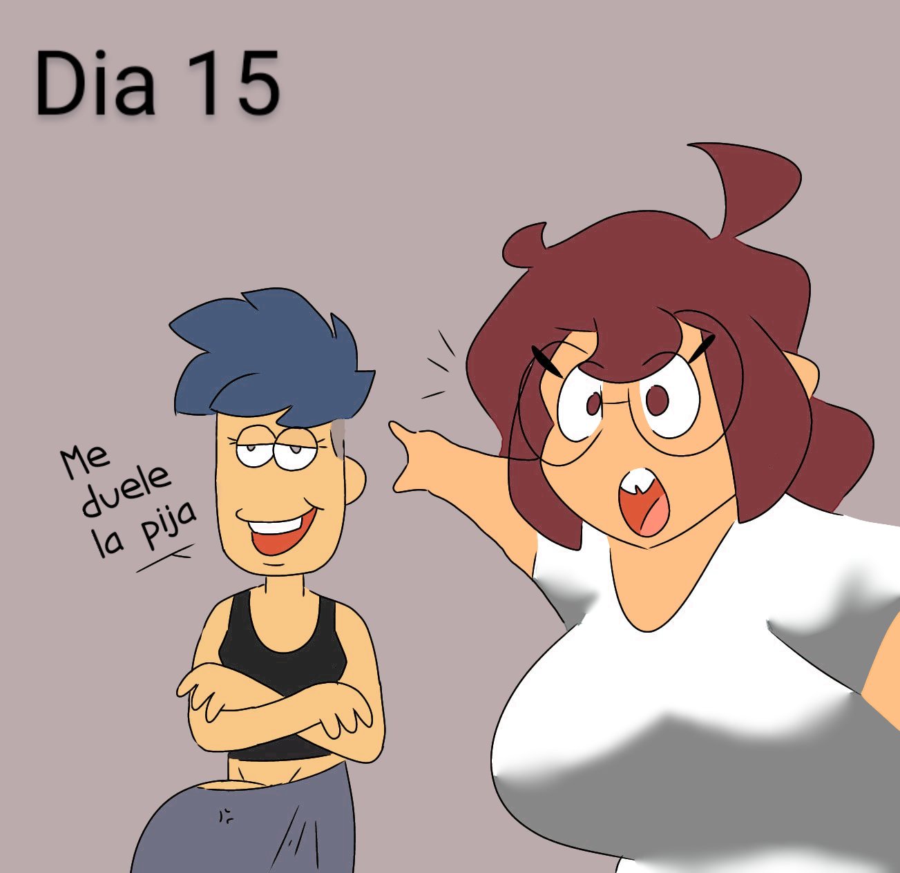 1futa 2girls ahoge black_hair boobs boss_(thelittlenerdys) breasts brown_eyes brown_hair buckteeth color colored erection_under_clothes futanari glasses luna_(thelittlenerdys) meme meme_reference nerd nerdy nerdy_female short_hair simple_background skaler2 spanish_text text tomboy twitter_user_sona